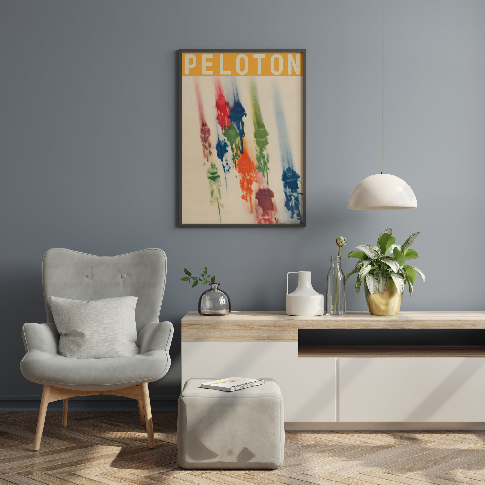 Peloton cycling print in reading corner, colorful vintage sports poster