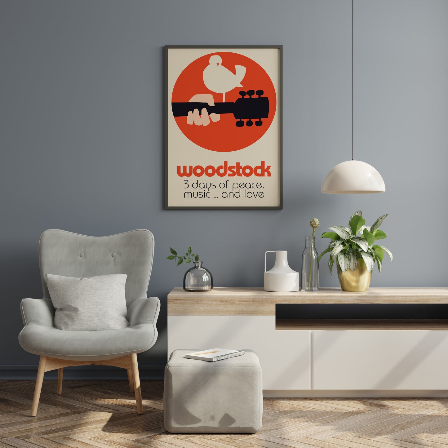 Retro Woodstock poster with simplified guitar graphic and strong orange circular layout