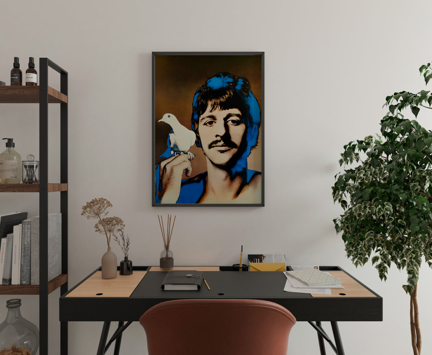 Ringo Starr Beatles poster with blue portrait and white dove displayed above a home office desk