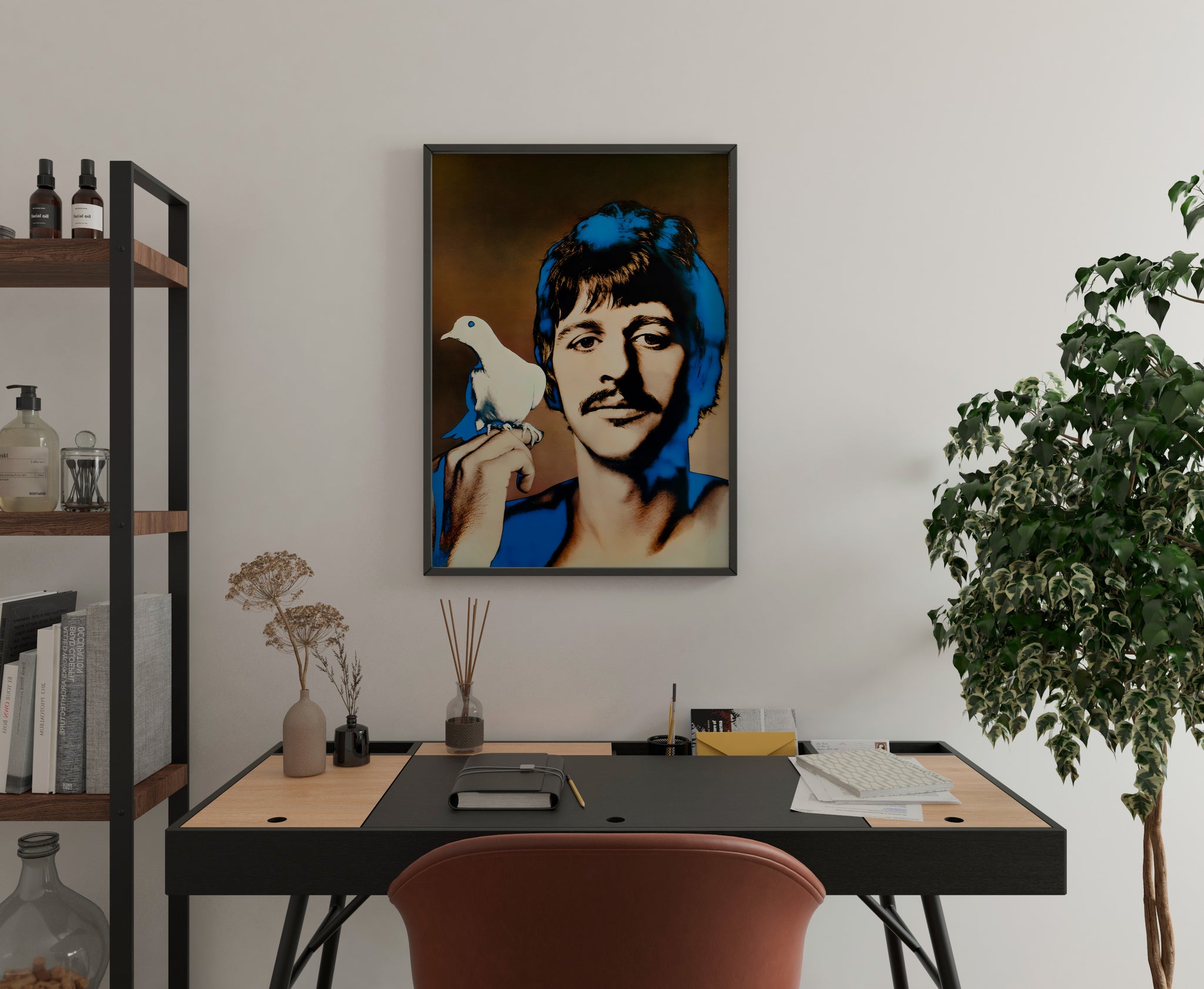 Ringo Starr Beatles poster with blue portrait and white dove displayed above a home office desk