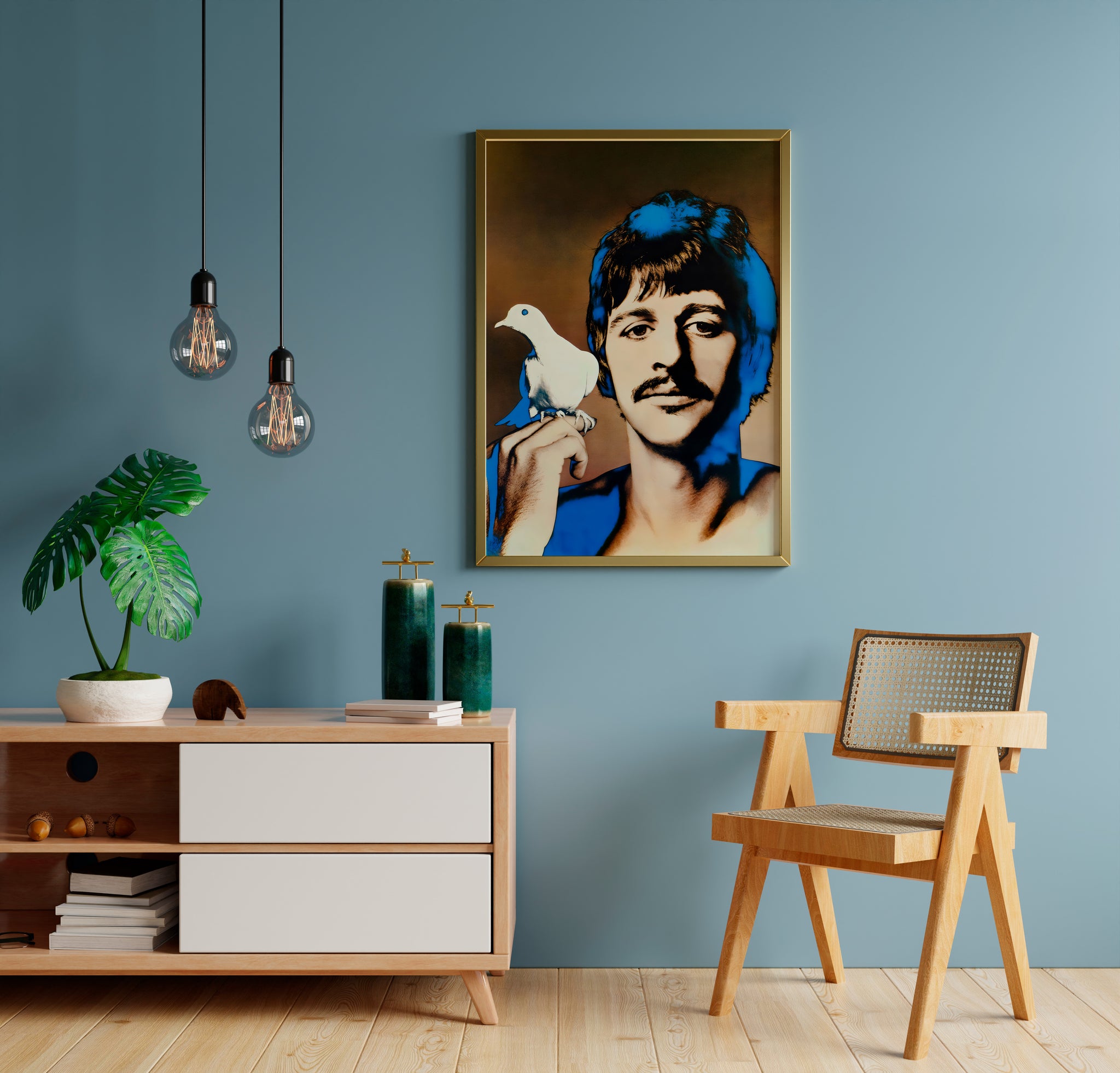 Ringo Starr portrait poster with white dove displayed as living room feature wall art