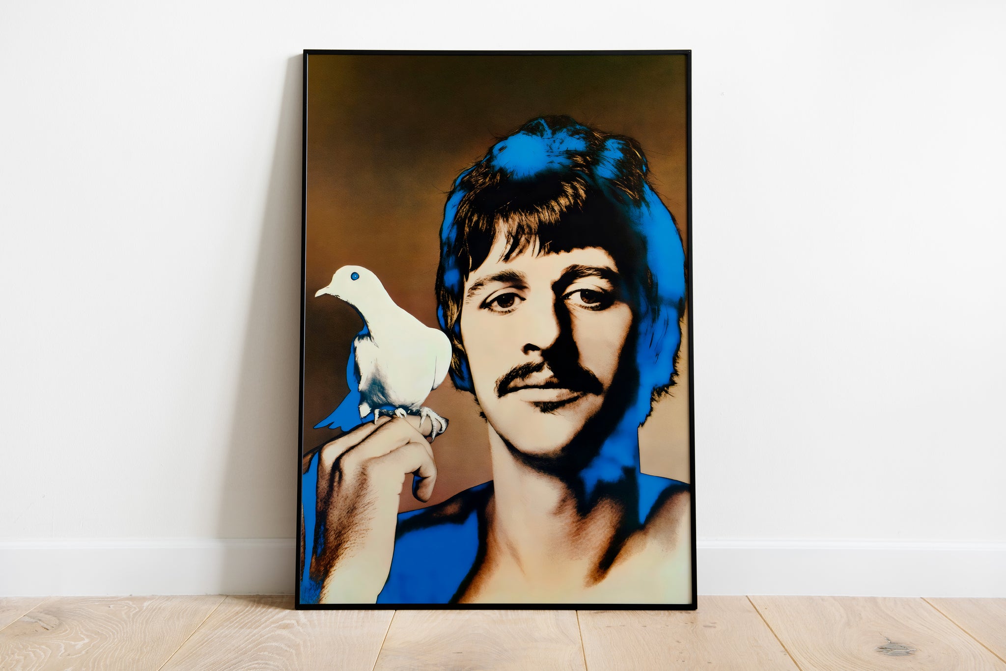 Ringo Starr poster with a white dove and blue pop-art portrait for living room wall art