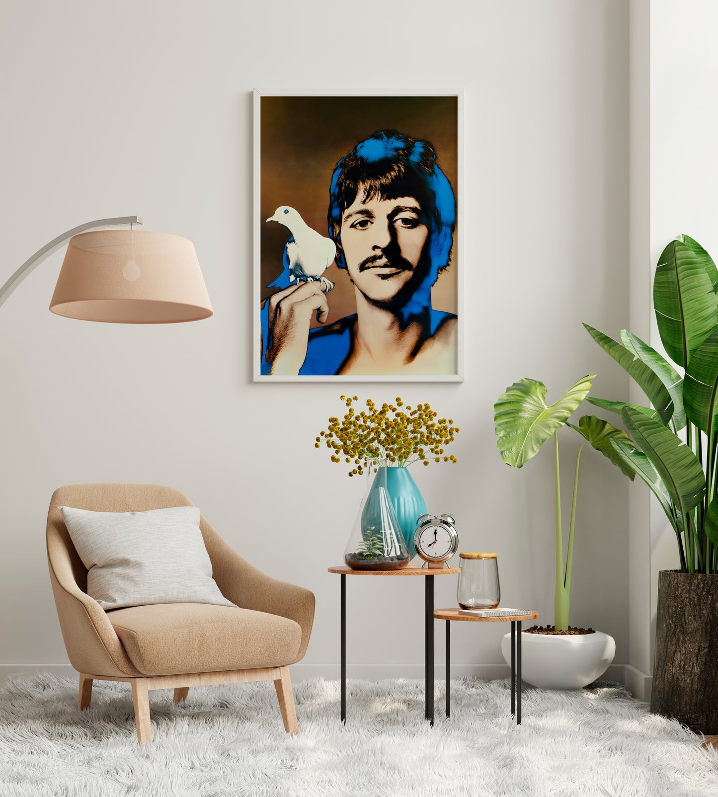 Ringo Starr pop-art portrait with white dove displayed in a cozy neutral living room