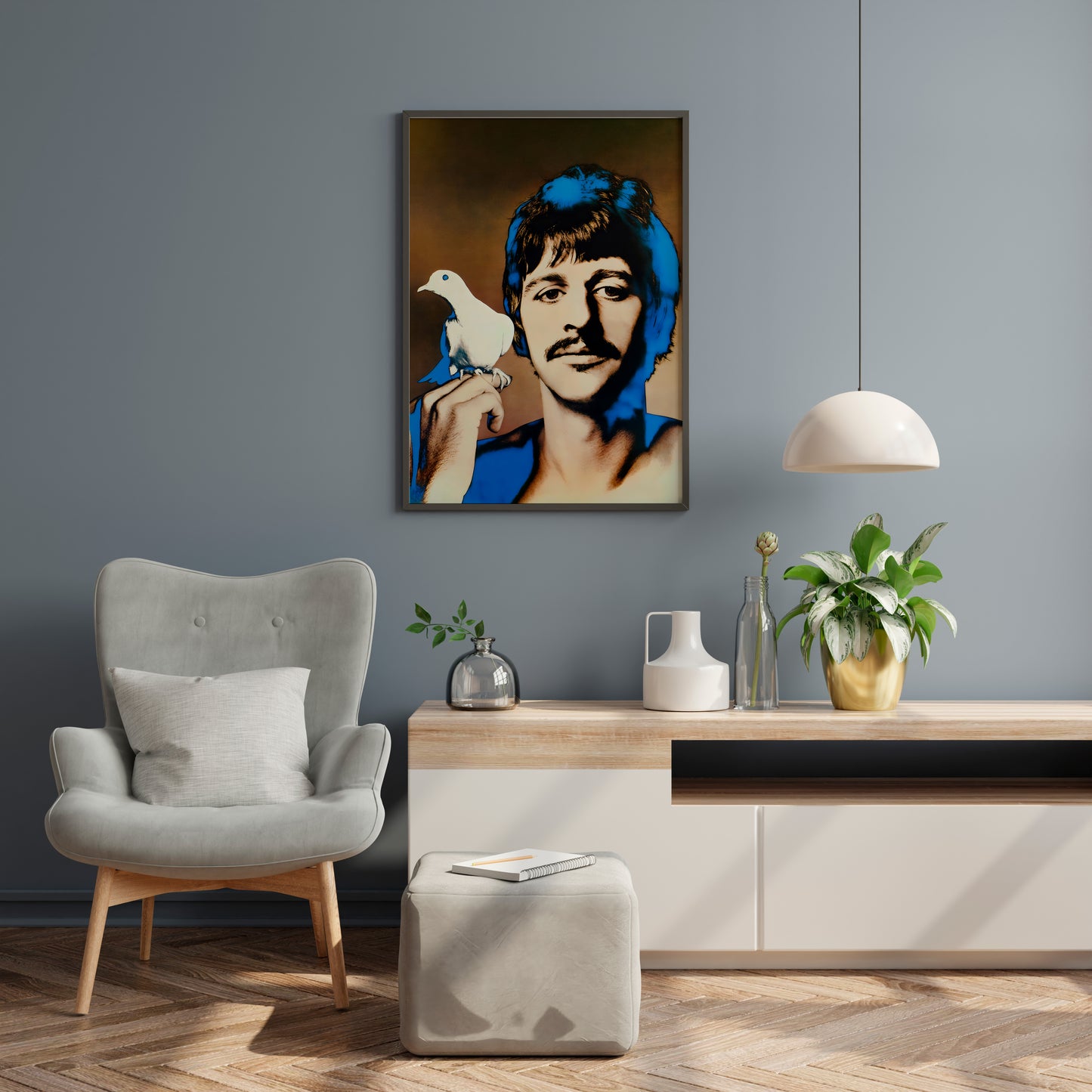 Ringo Starr portrait poster with white dove displayed as living room feature wall art