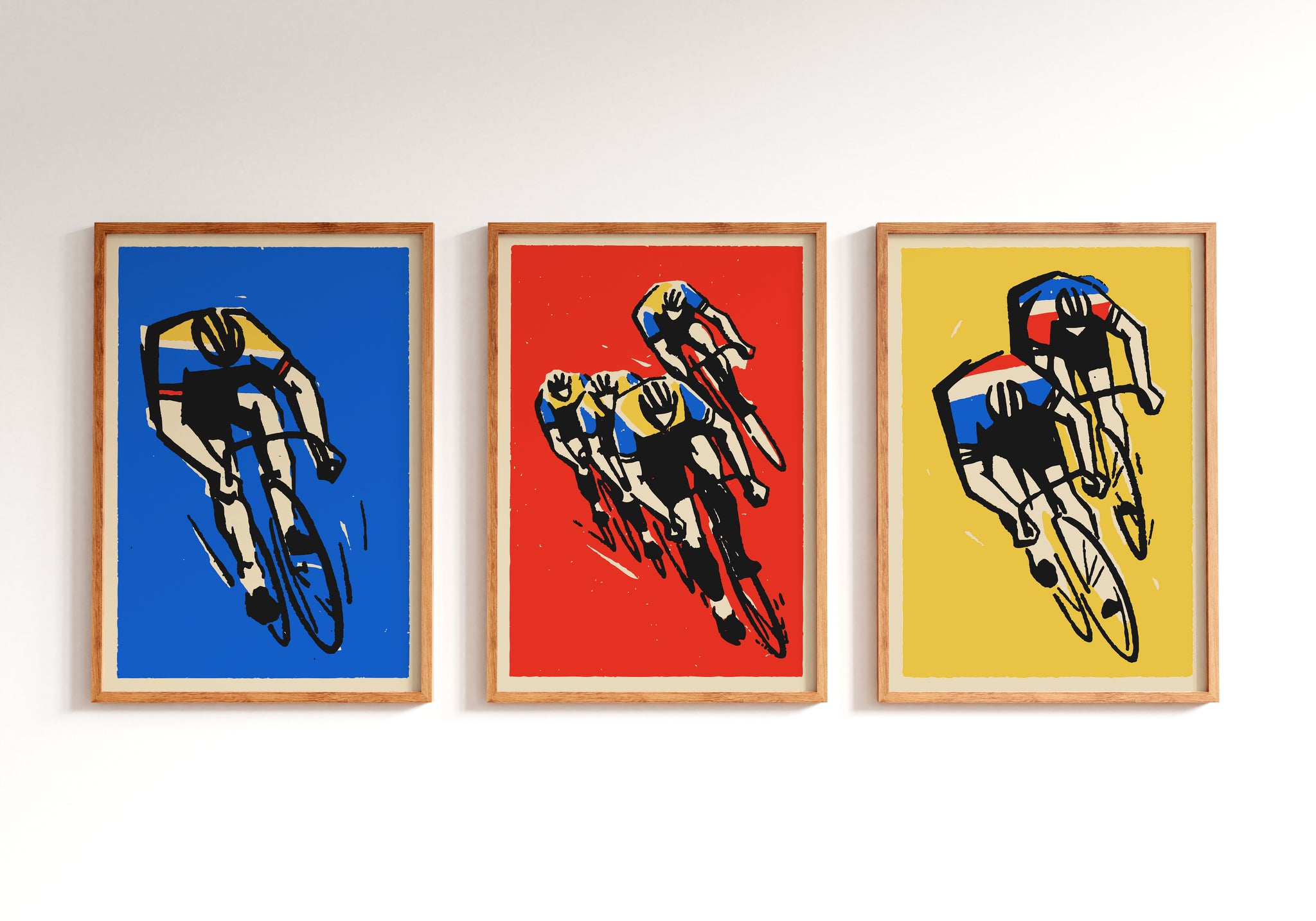 Road cycling poster set with coordinated blue, red and yellow racing artwork for gallery wall decor