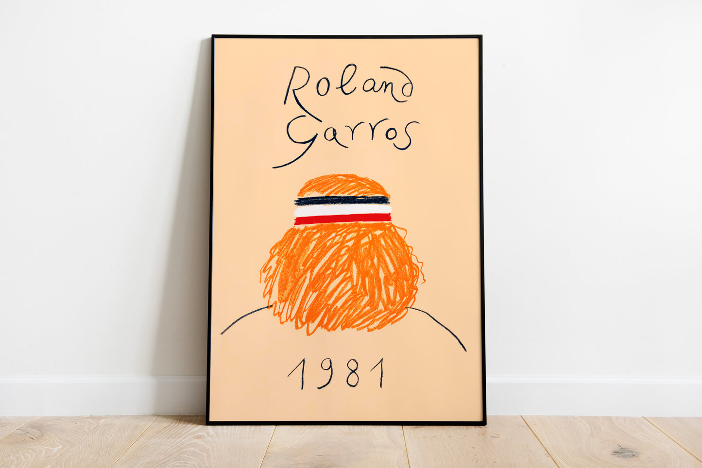 Roland Garros 1981 tennis print with orange figure and handwritten text for sports room wall art