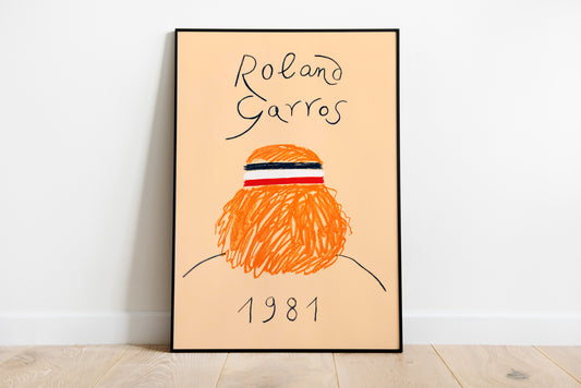Roland Garros 1981 tennis print with orange figure and handwritten text for sports room wall art