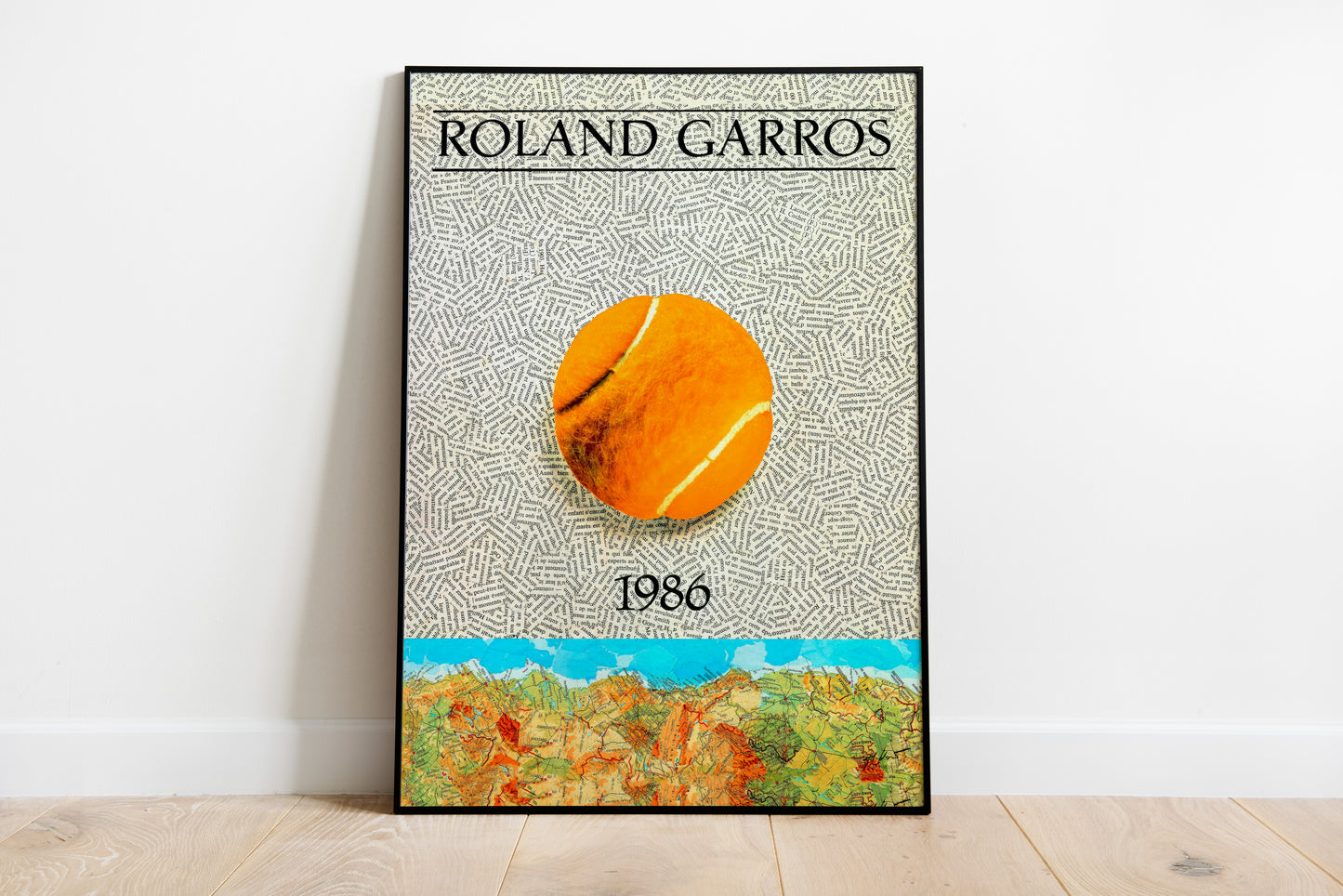 Roland Garros 1986 tennis print with orange ball and text pattern for living room wall art