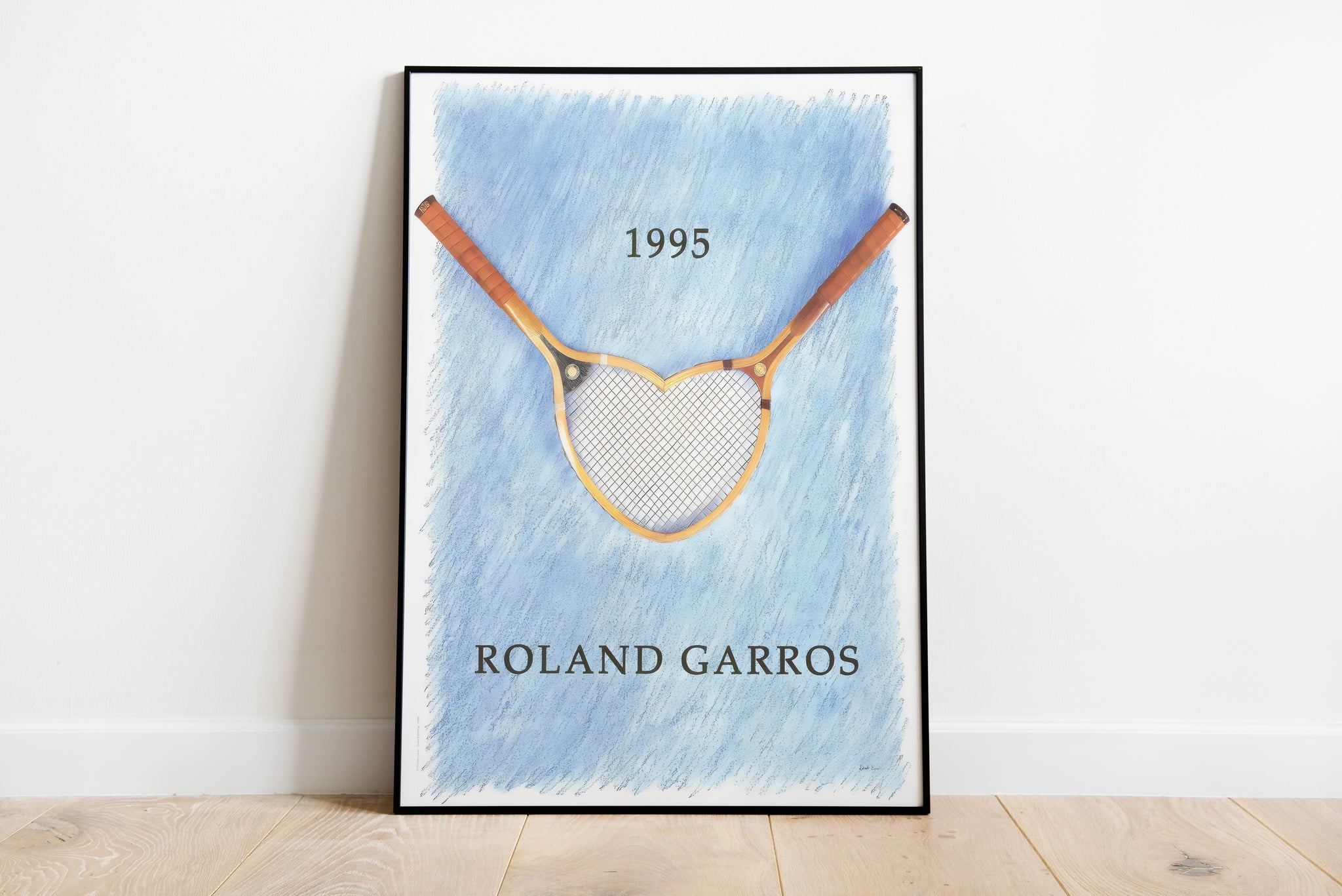 Roland Garros 1995 tennis print with racket artwork and blue background for home office wall art
