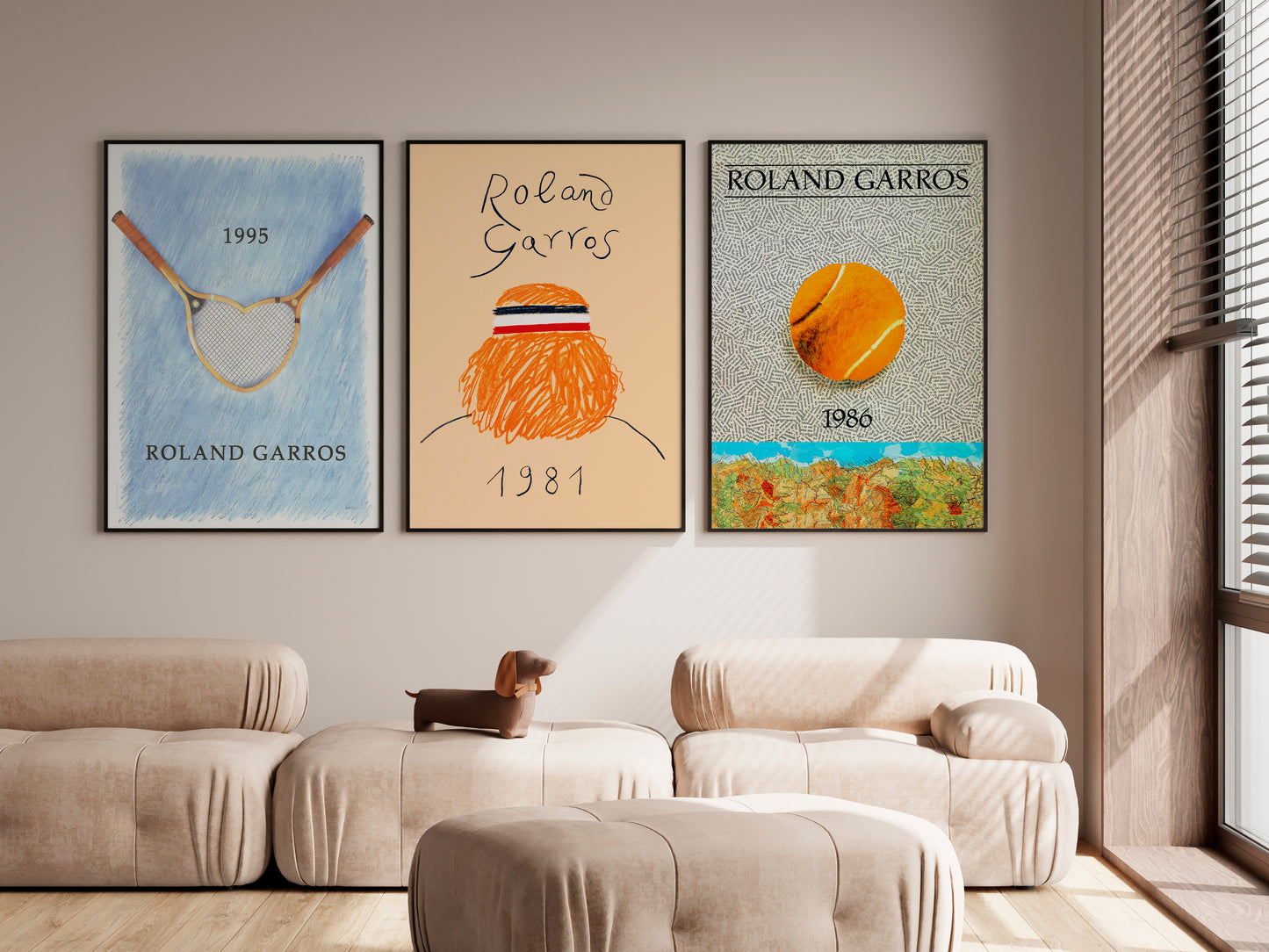 Roland Garros poster set with racket, figure and ball artwork for gallery wall art