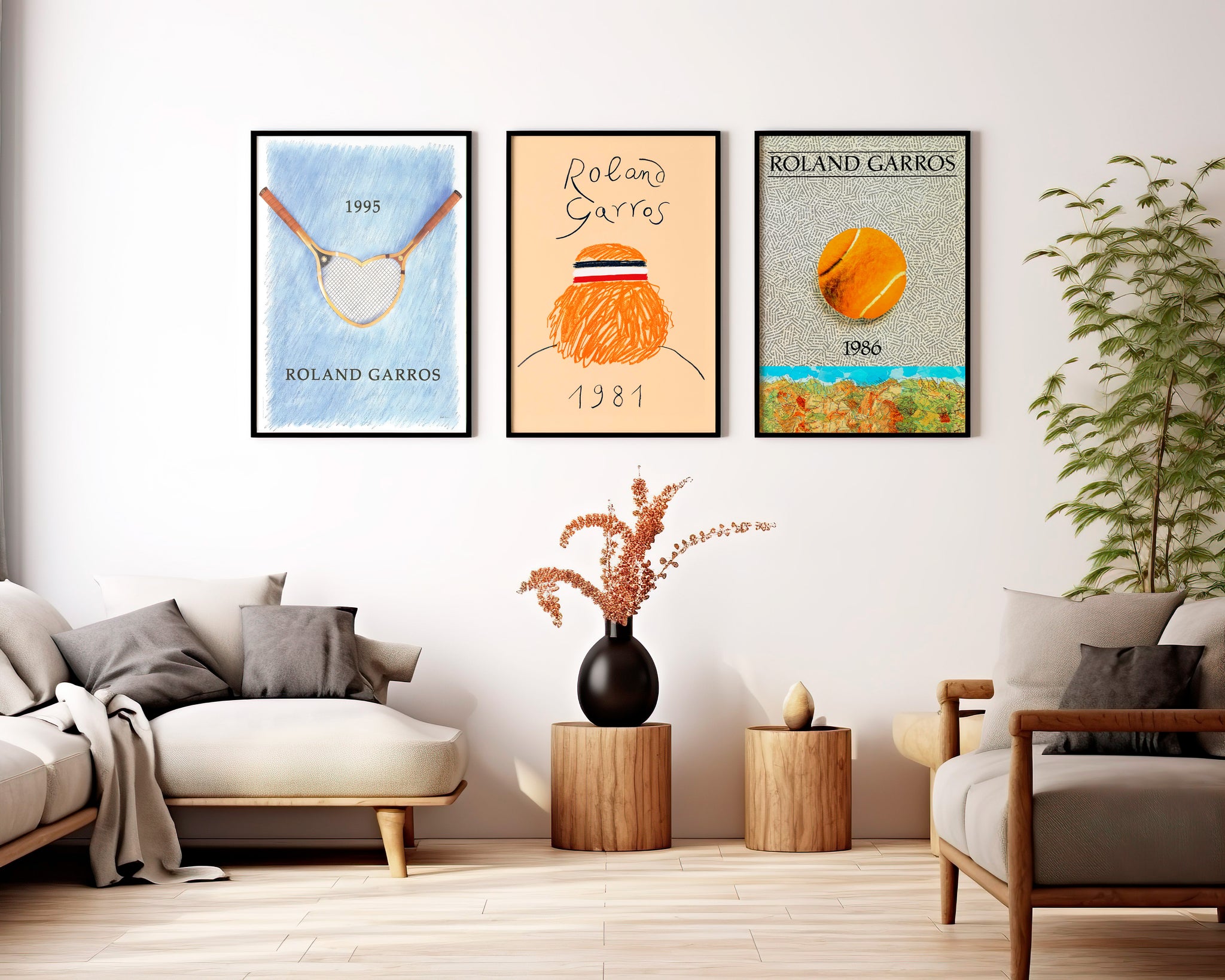 Roland Garros vintage tennis poster set with three coordinated prints for gallery wall art