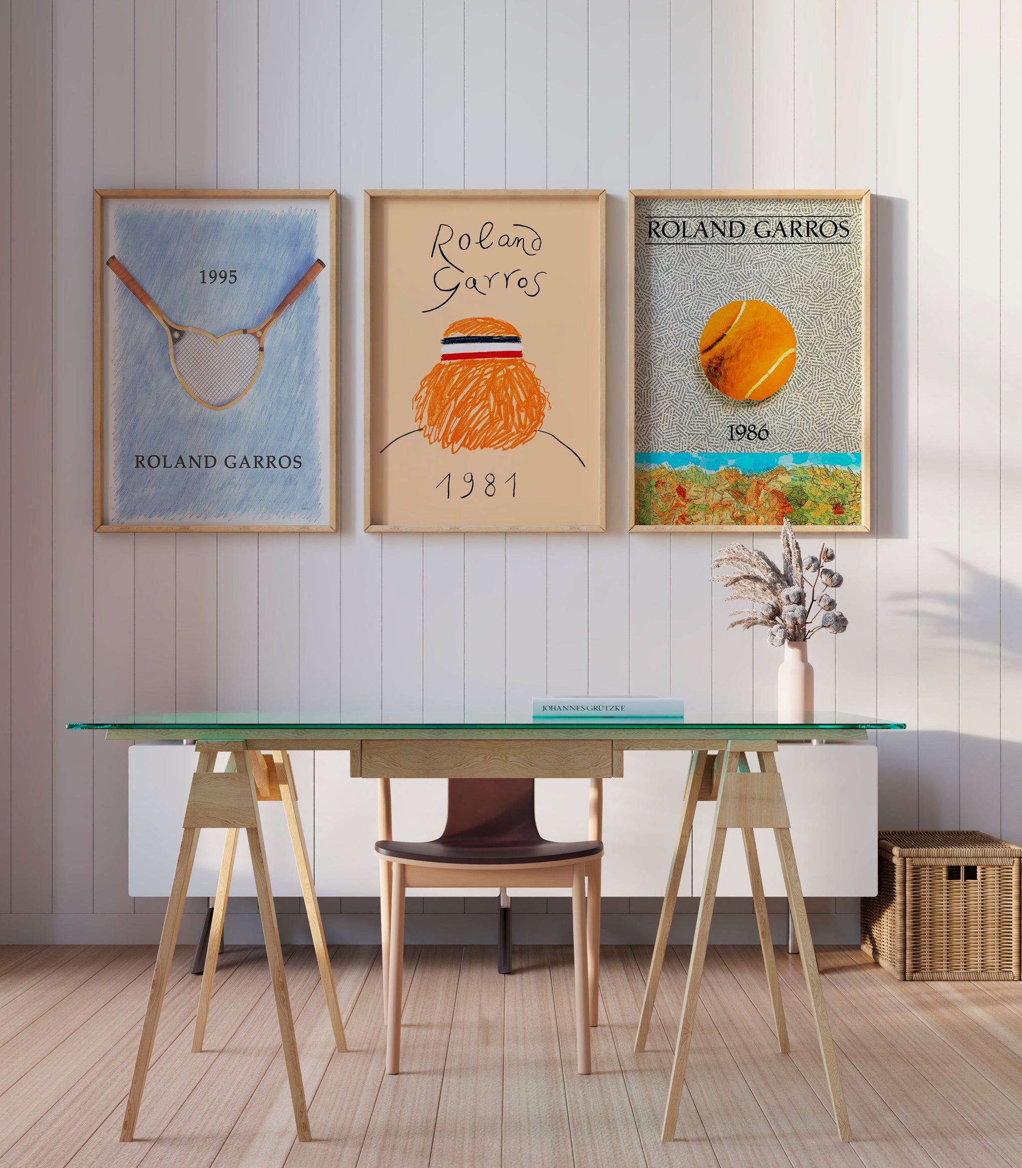 Roland Garros tennis poster set with racket, figure and ball artwork for home office wall art