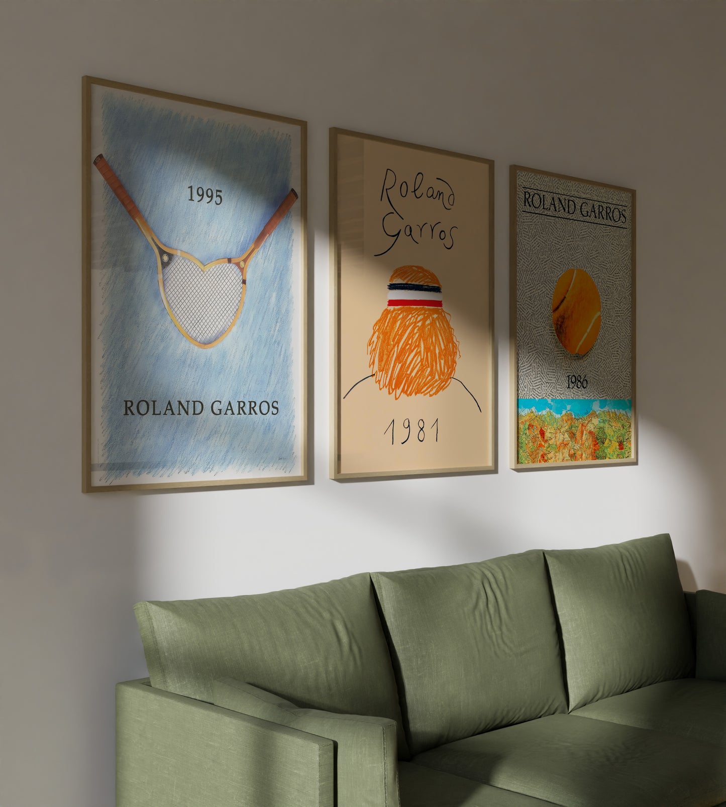 Roland Garros tennis print set with 1981, 1986 and 1995 artwork for living room wall art