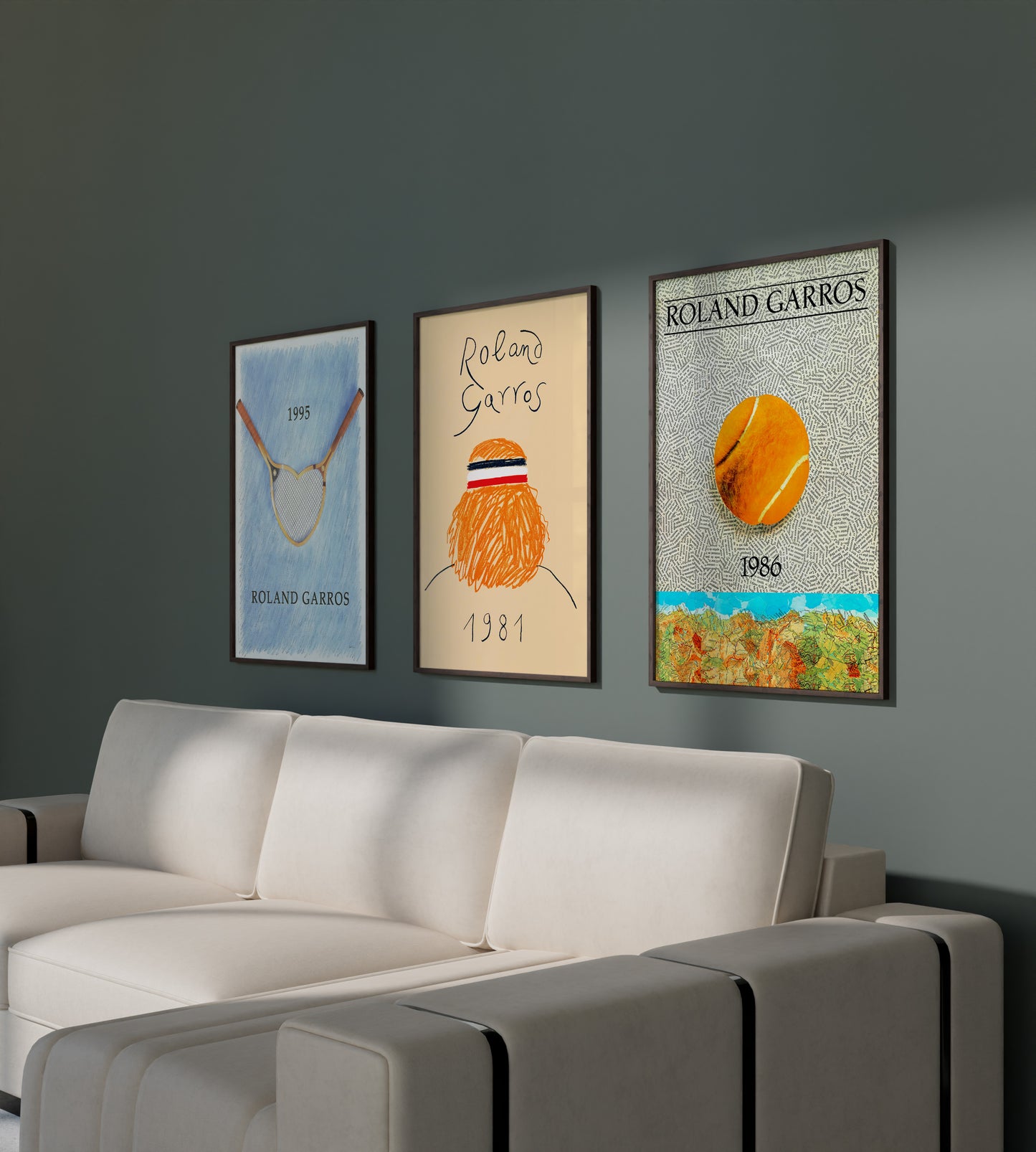 Roland Garros vintage poster set with tennis racket, ball and figure art for living room wall art