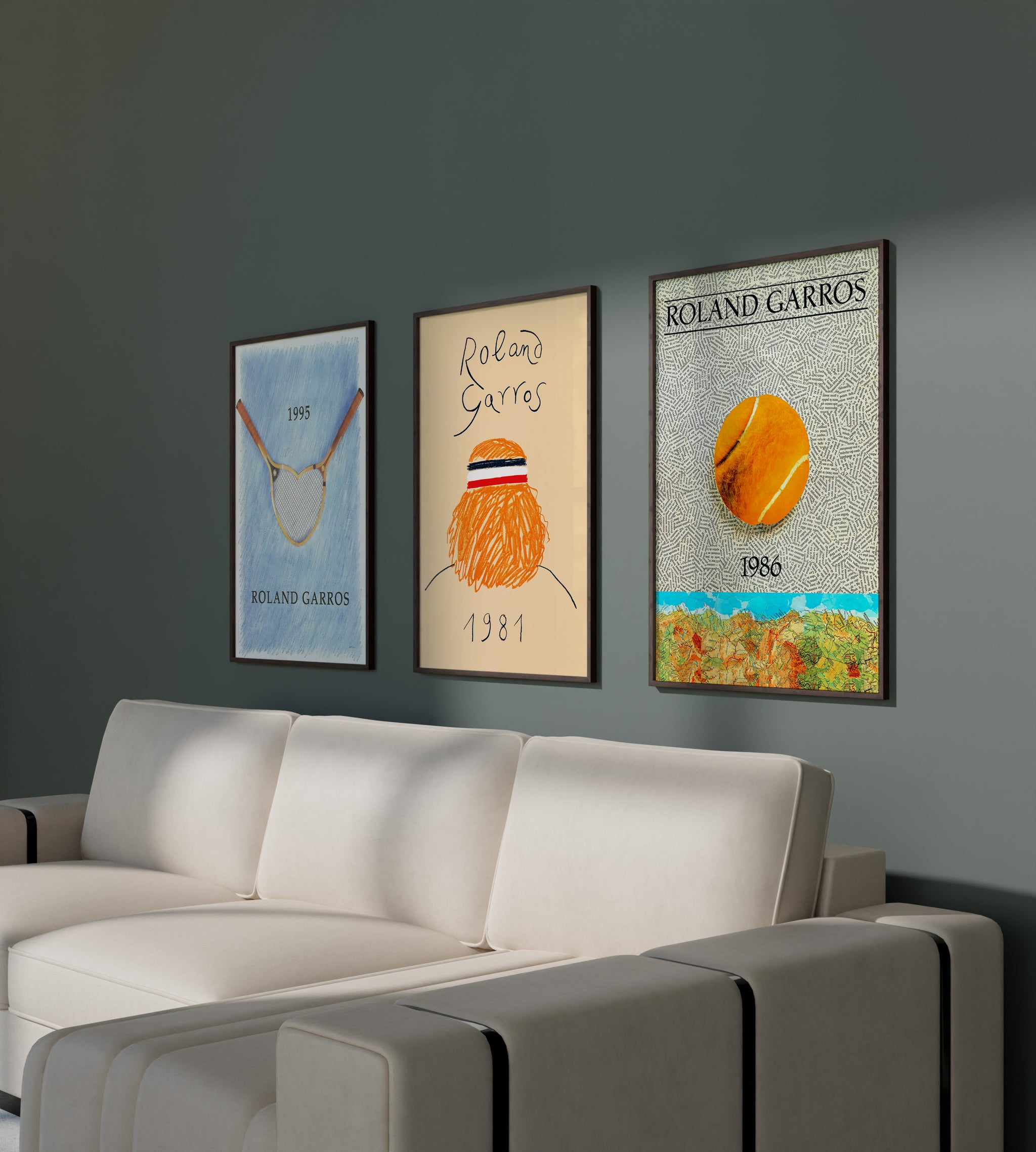 Roland Garros vintage poster set with tennis racket, ball and figure art for living room wall art