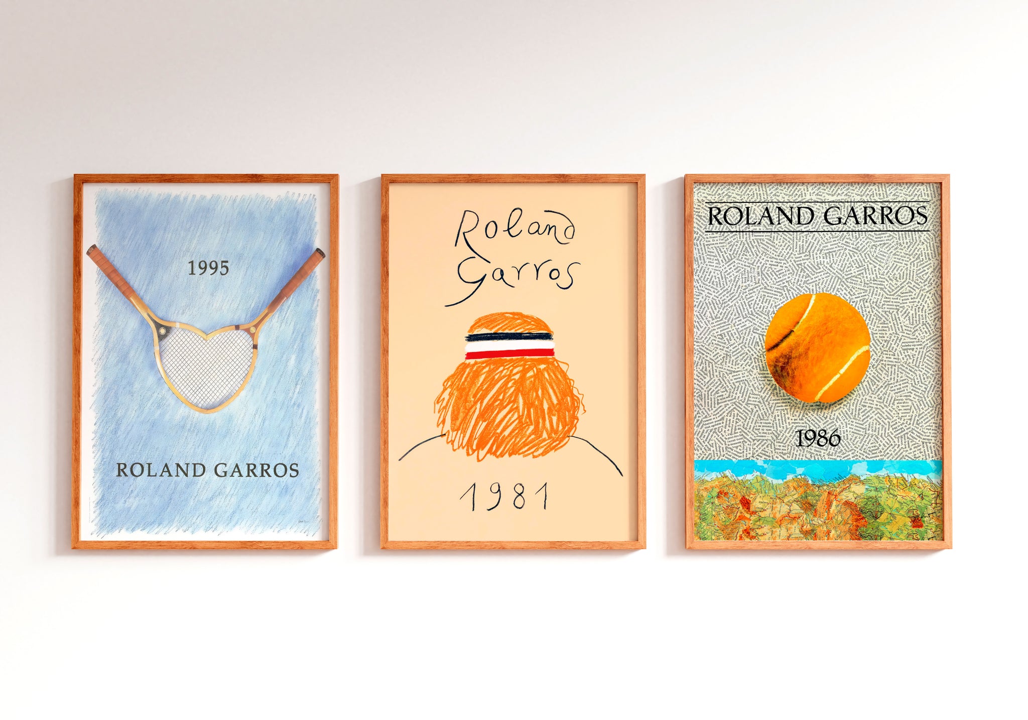 Roland Garros tennis poster set with retro tournament-style artwork for sports room wall art