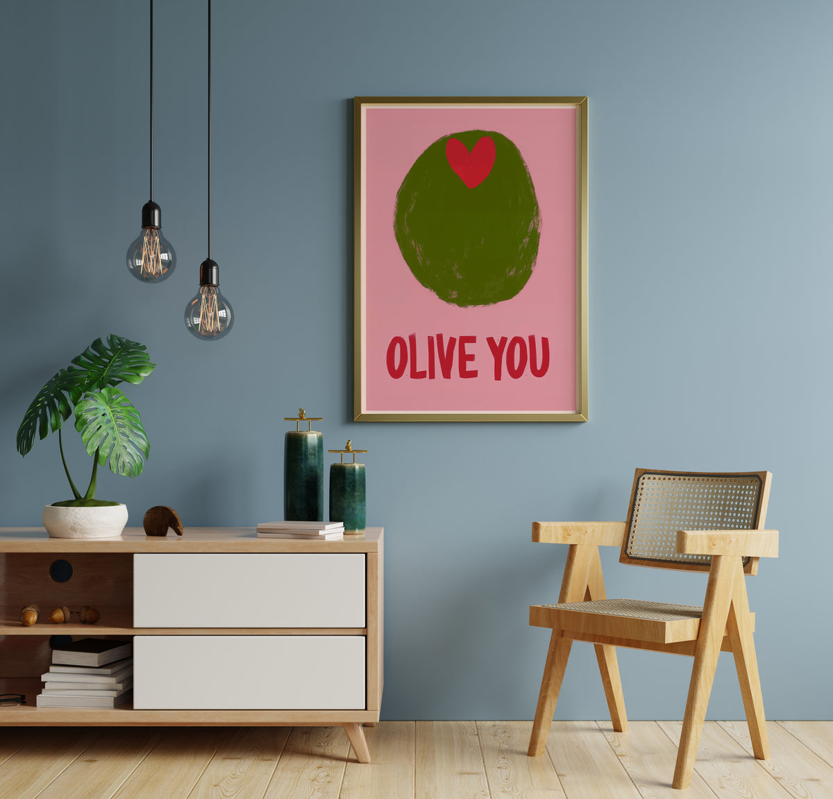 Romantic olive print with red heart and bold OLIVE YOU lettering in a contemporary interior