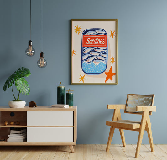 Sardine print featuring a blue tin, layered fish and playful coastal-style details