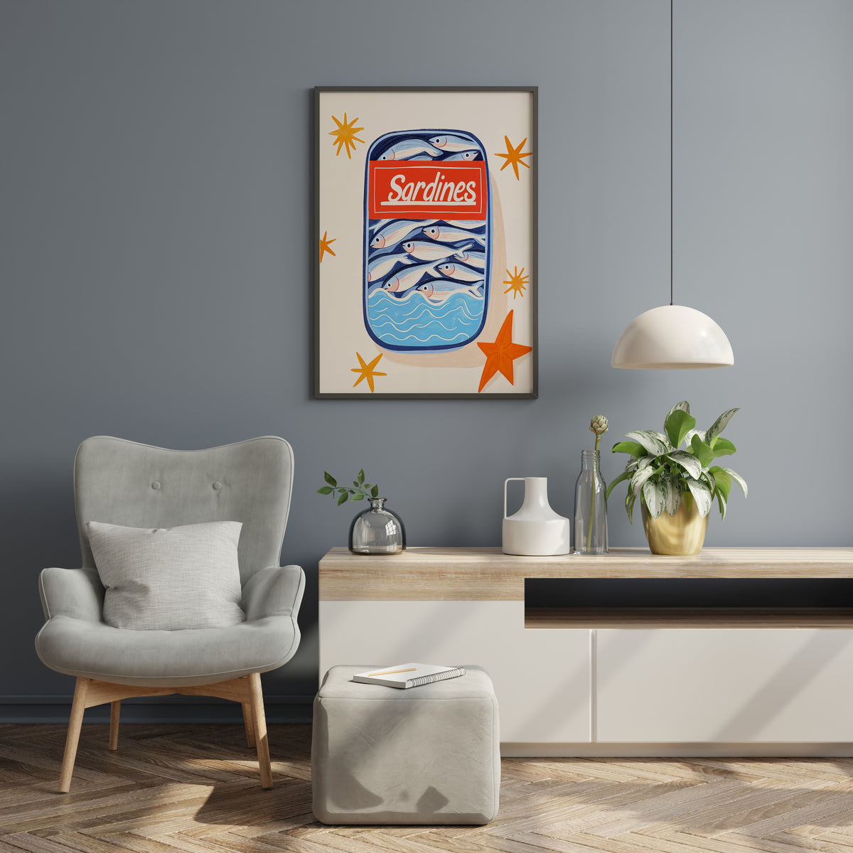 Retro sardines poster with white script label, blue fish and orange star motifs