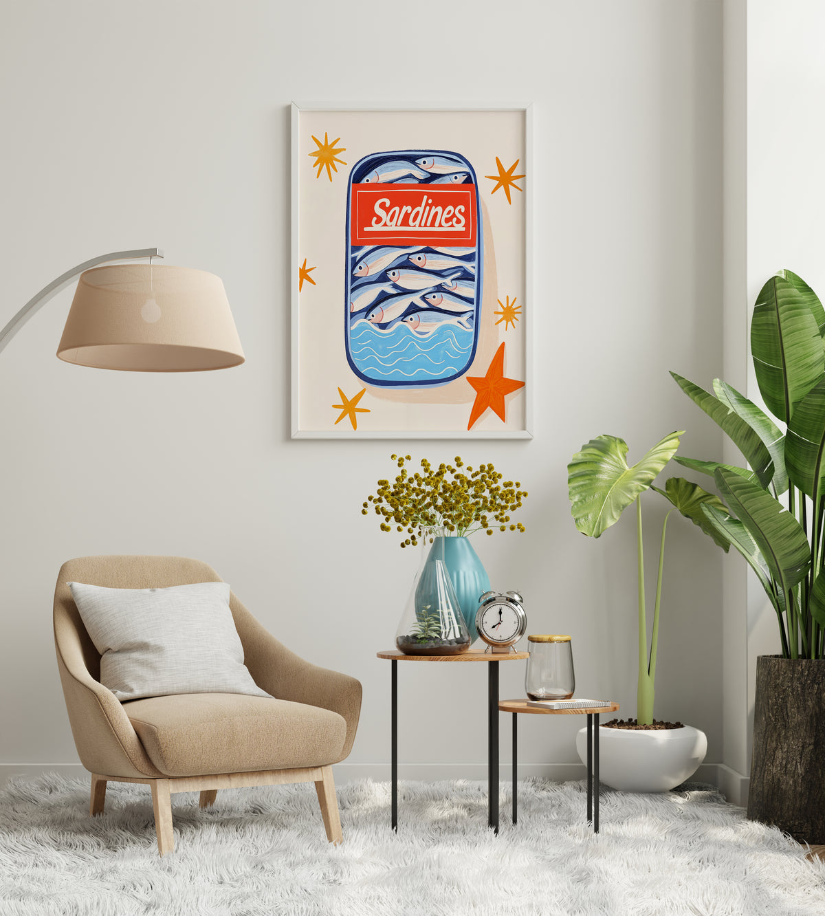 Sardines wall art with illustrated fish tin and bright orange accents in a styled interior