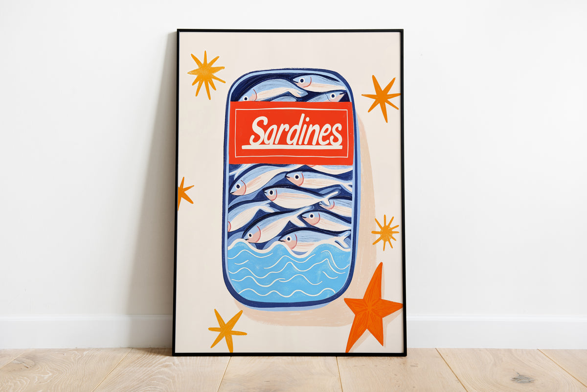 Sardines poster with illustrated fish tin, blue waves, orange stars and red label