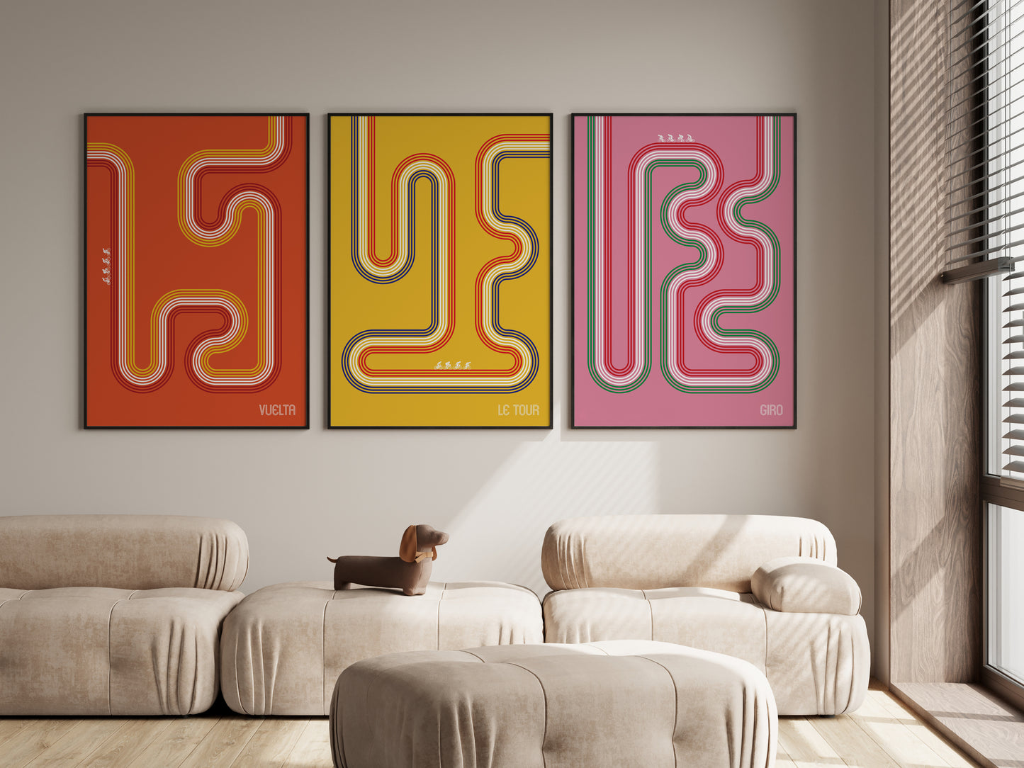 Abstract cycling poster set with Vuelta, Le Tour and Giro route artwork for living room wall art