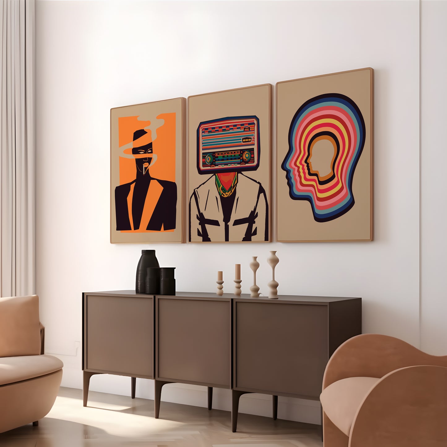 Alternative music poster set featuring Grace Jones, Radiohead and Tame Impala for studio wall art