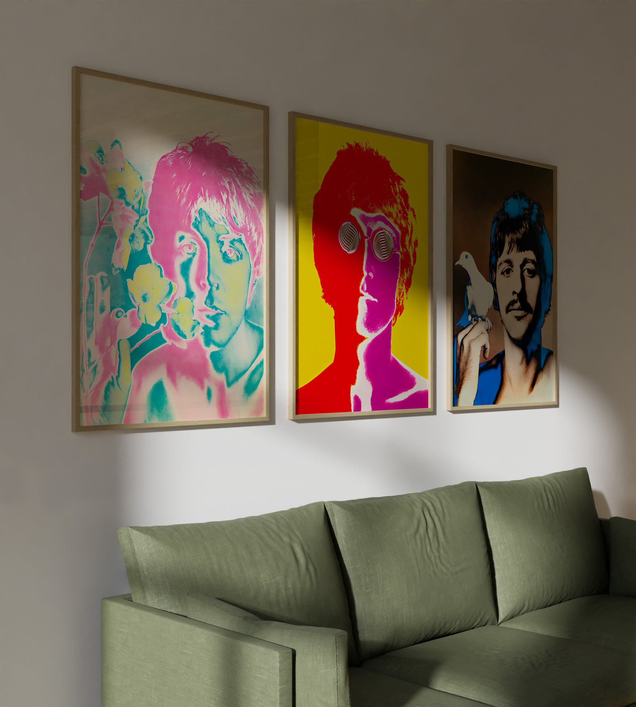 Three Beatles pop-art posters with member portraits for a music room gallery wall