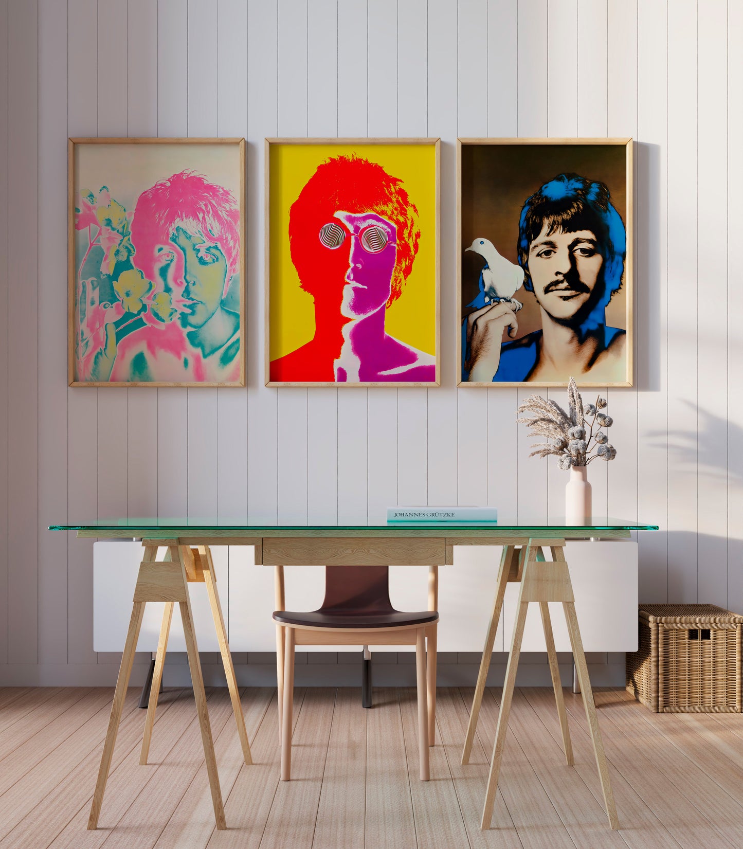 Set of 3 Beatles portraits featuring McCartney, Lennon and Starr for home office wall art