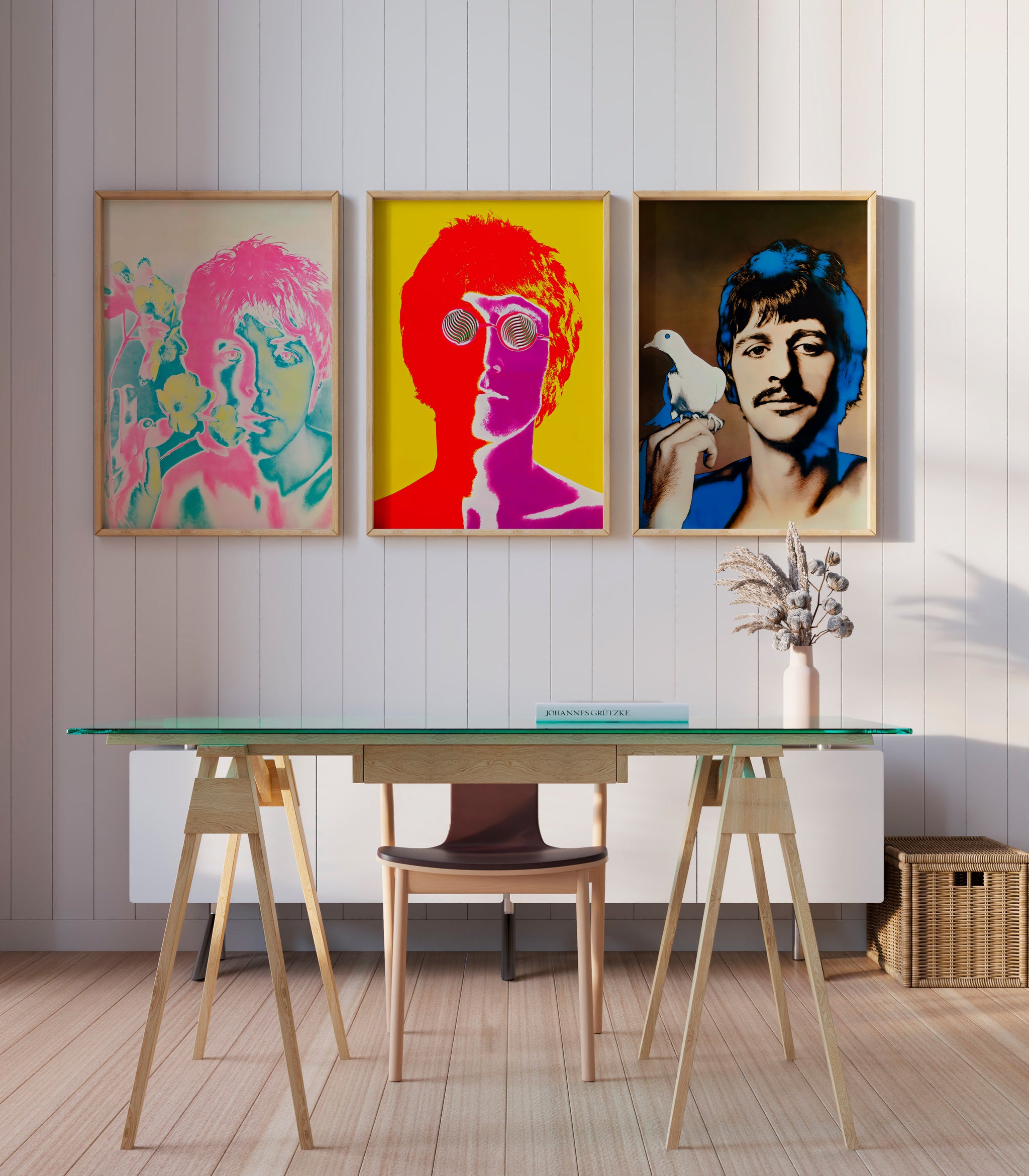 Set of 3 Beatles portraits featuring McCartney, Lennon and Starr for home office wall art