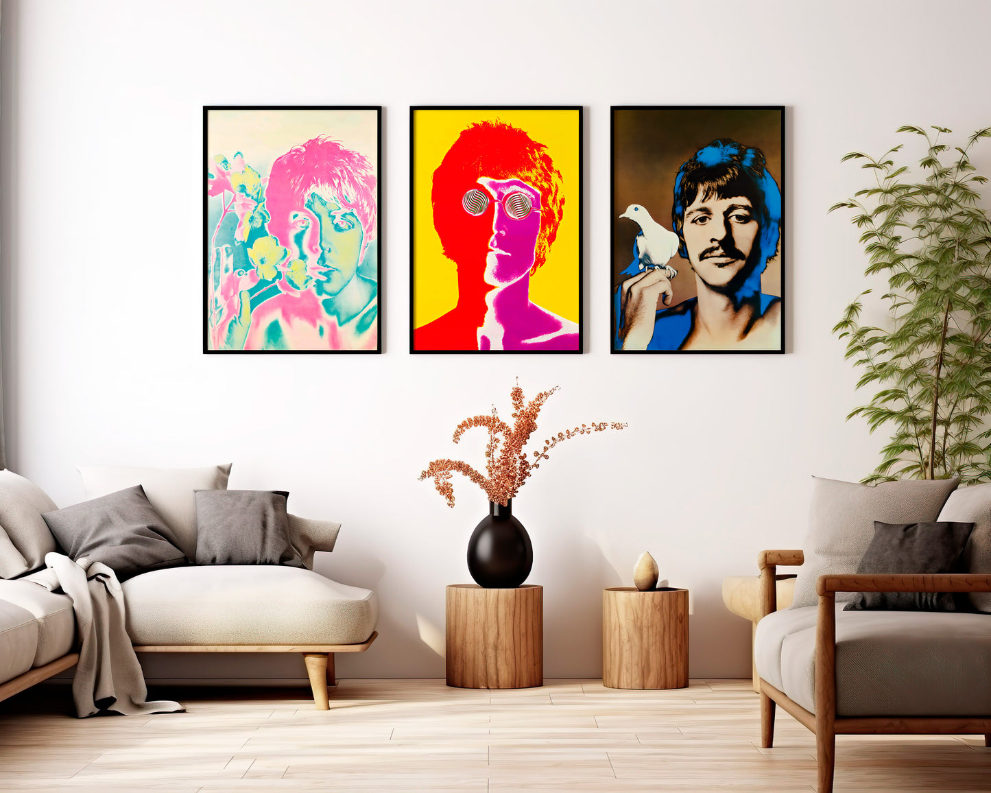 Set of 3 Beatles posters featuring McCartney, Lennon and Starr for music room wall art