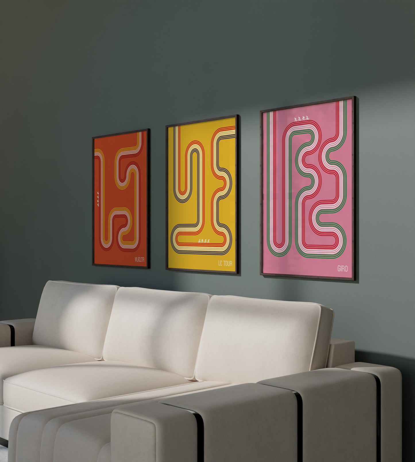 Cycling route line poster set with Vuelta, Le Tour and Giro artwork for living room wall art