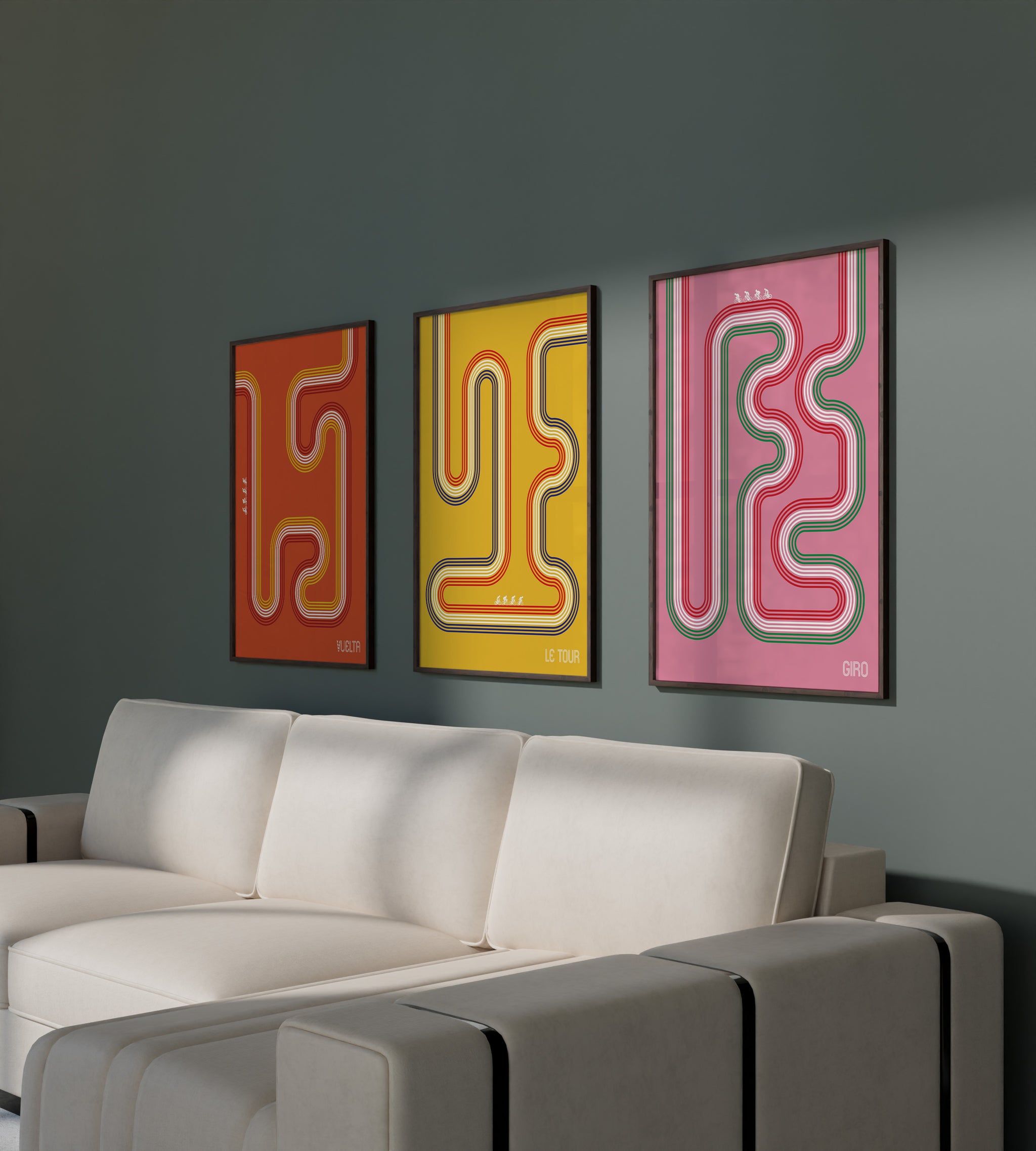 Cycling route line poster set with Vuelta, Le Tour and Giro artwork for living room wall art