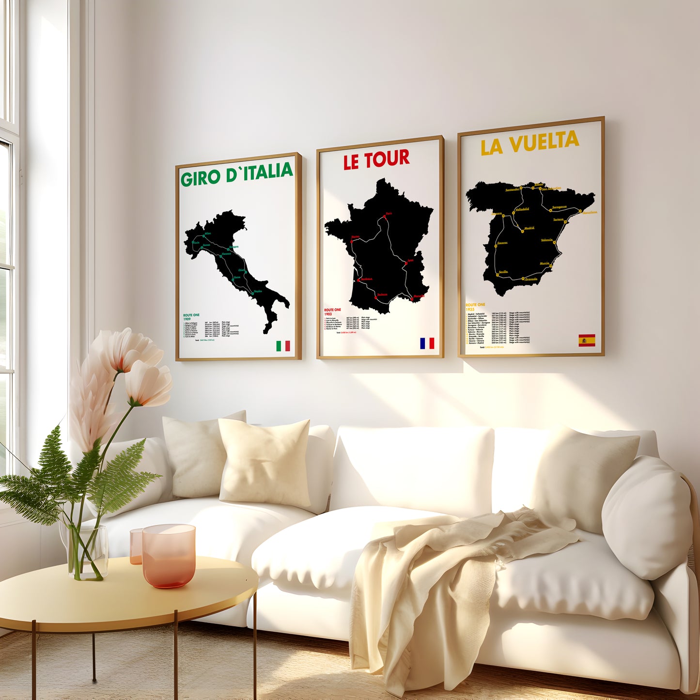 Cycling route map poster set with Giro, Le Tour and La Vuelta artwork for living room wall art