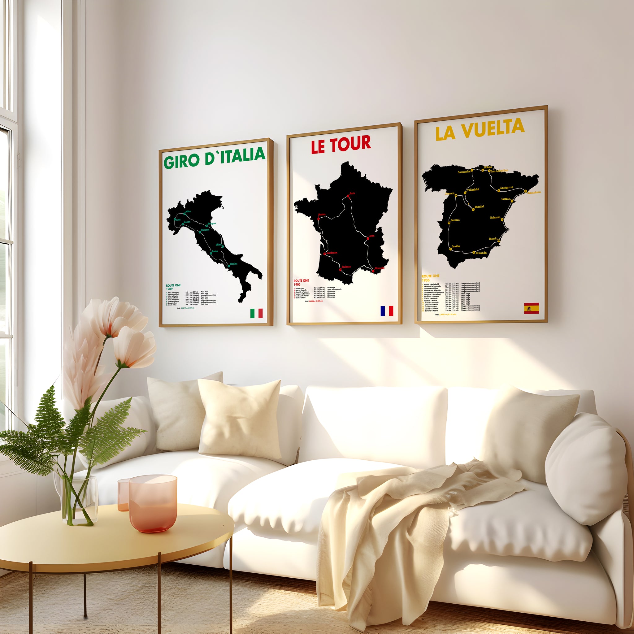 Cycling route map poster set with Giro, Le Tour and La Vuelta artwork for living room wall art