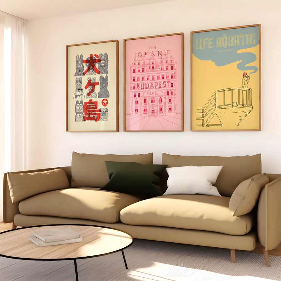 Film poster print set with Grand Budapest, Life Aquatic and dog artwork for gallery wall decor