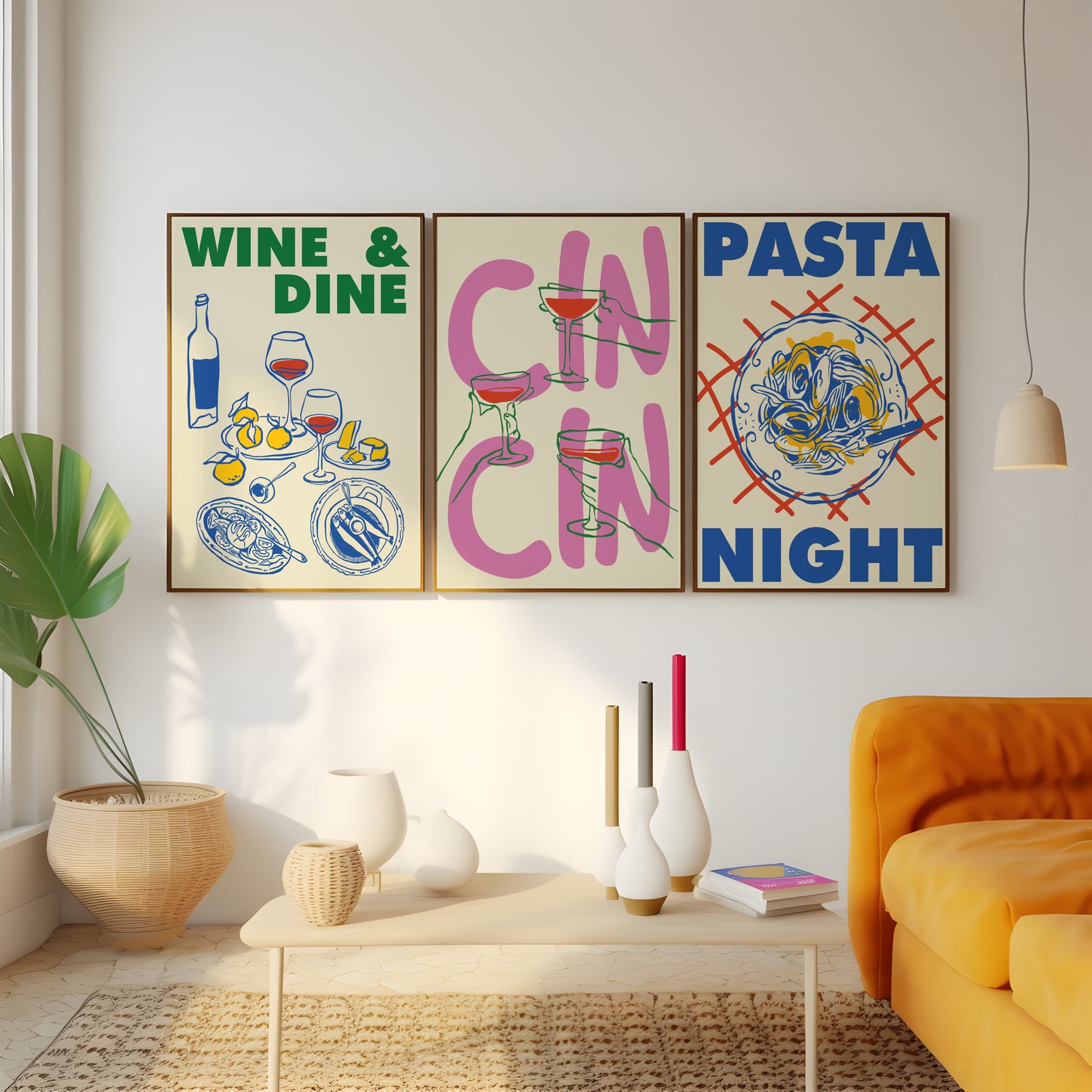 Set of 3 food and drink posters with wine glasses and pasta artwork for kitchen wall art