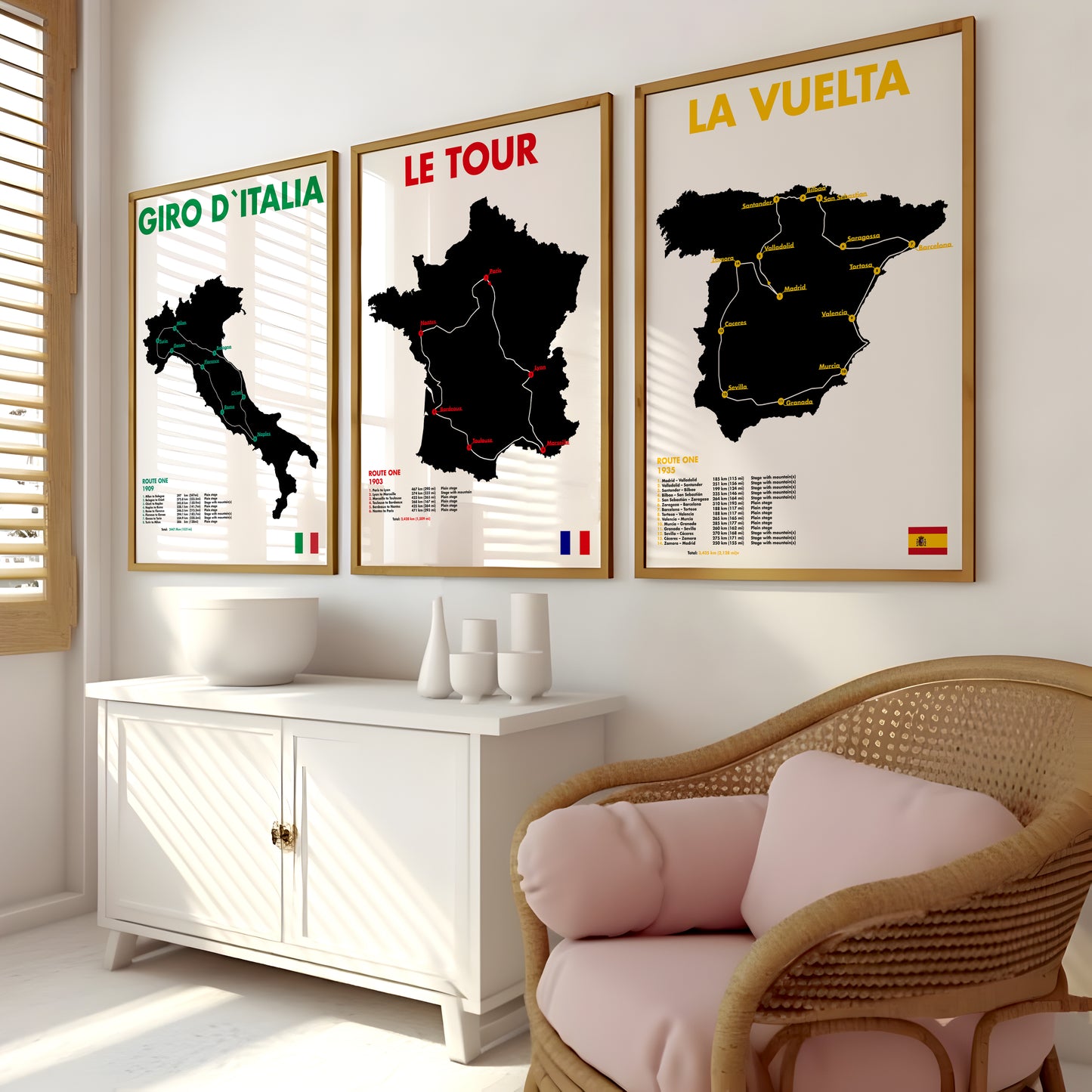 Giro, Le Tour and La Vuelta poster set with route map artwork for home office wall art