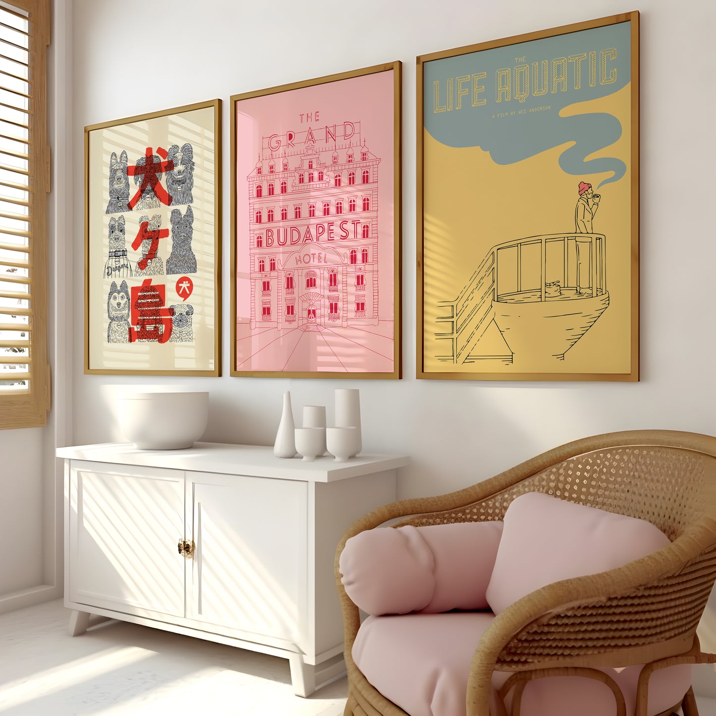 Grand Budapest and Life Aquatic poster set with illustrated film artwork for studio wall art
