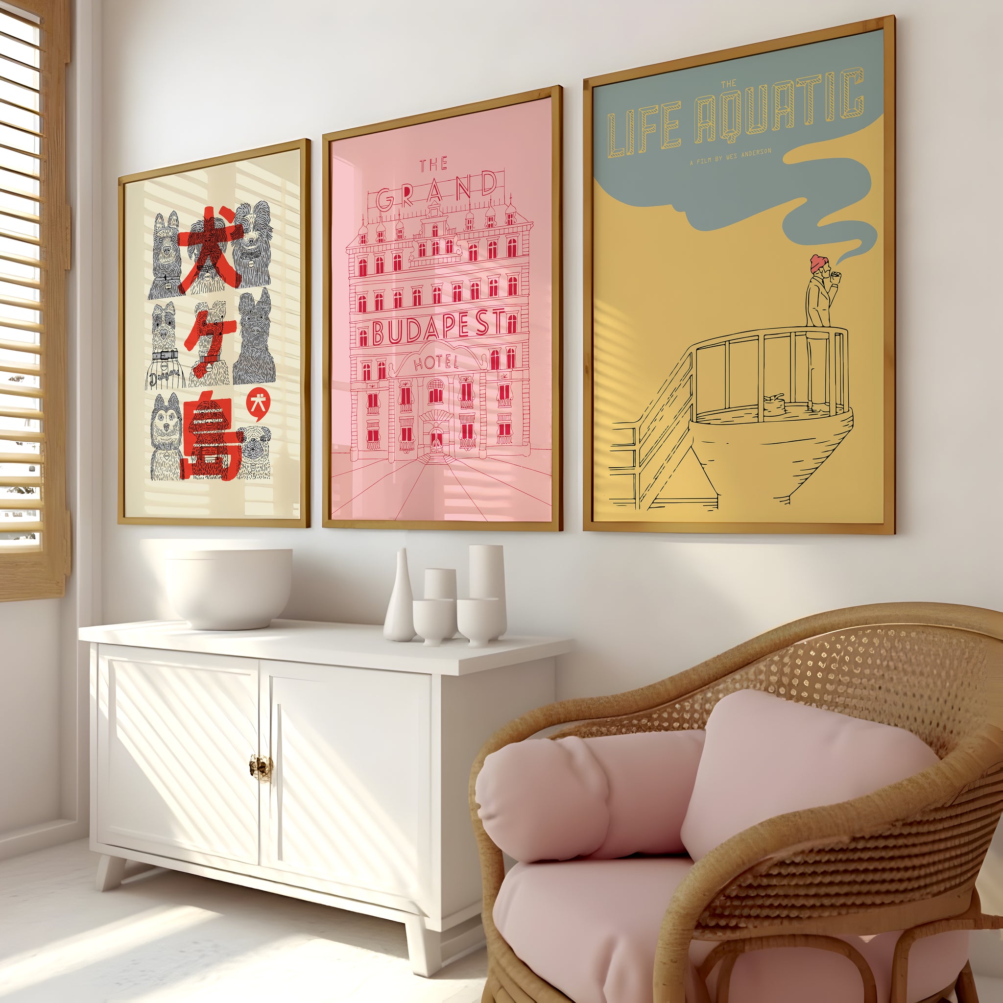 Grand Budapest and Life Aquatic poster set with illustrated film artwork for studio wall art