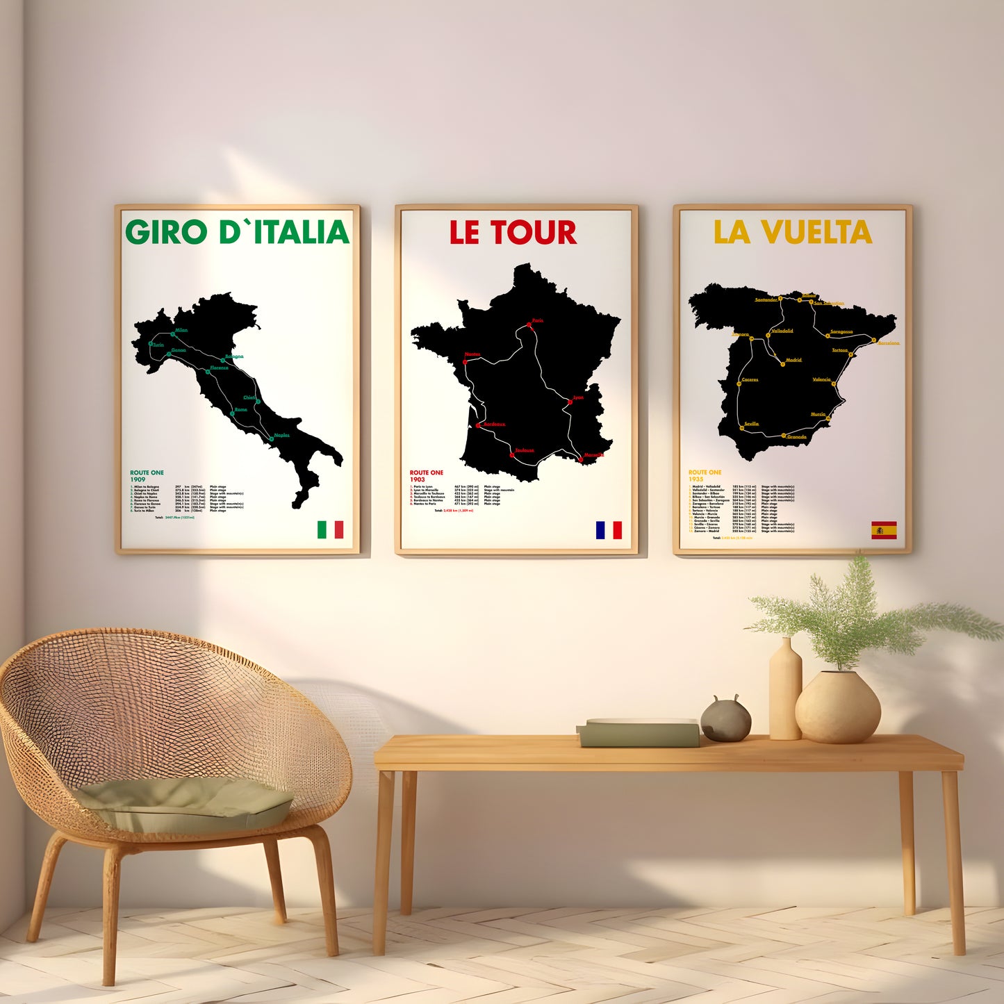 Grand tour cycling poster set with Giro d’Italia, Le Tour and La Vuelta maps for living room wall art