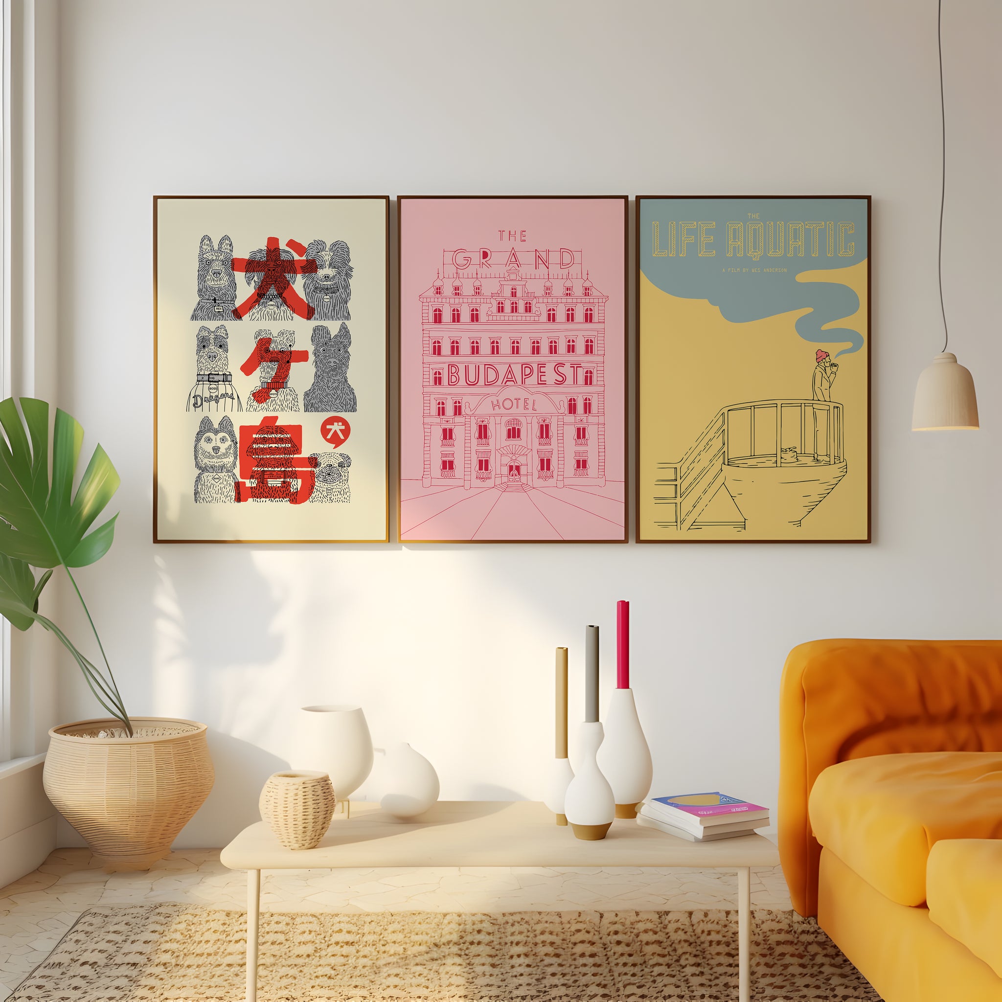 Indie movie poster set with Wes Anderson-style pastel film artwork for living room wall art