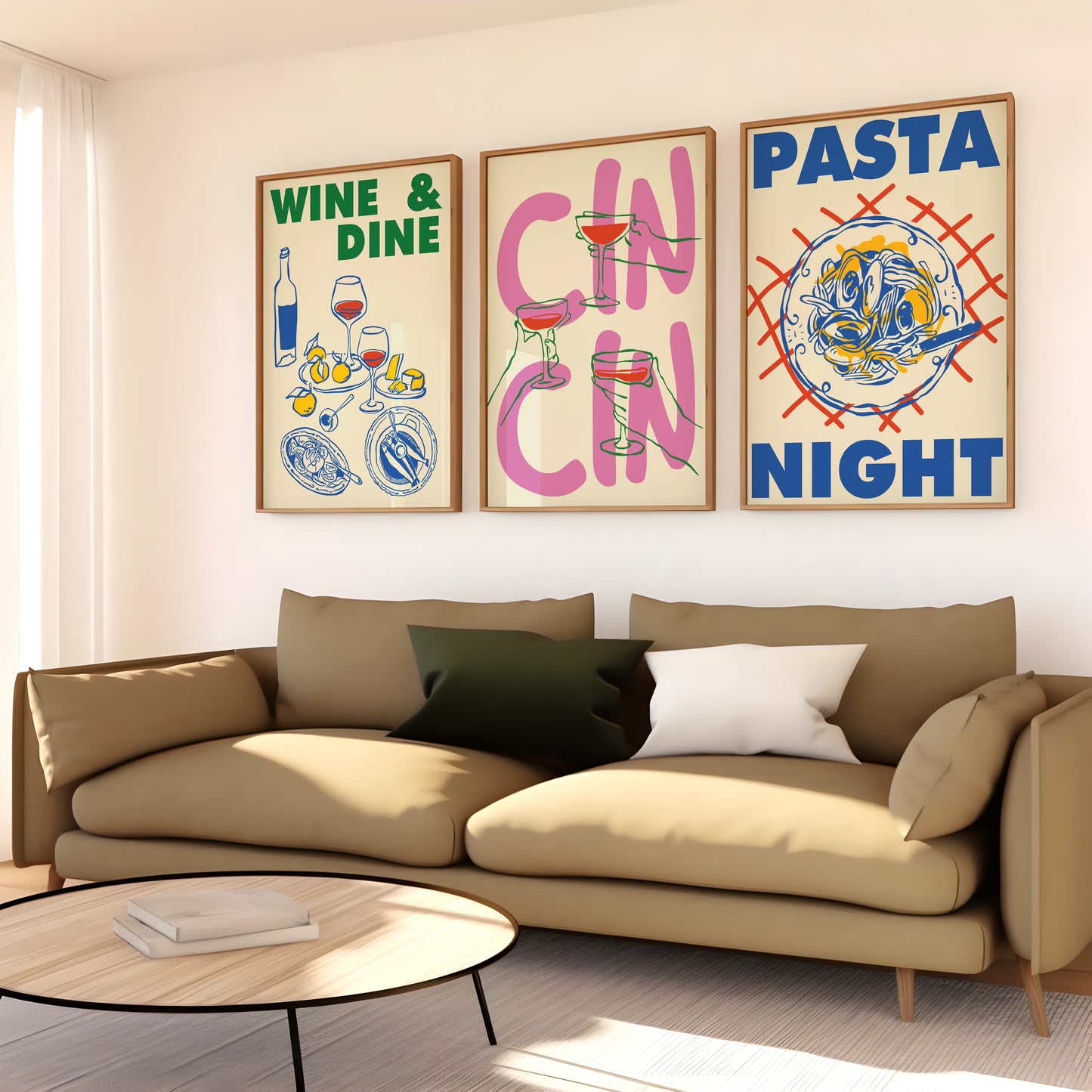Set of 3 kitchen wall art prints with wine, drinks and pasta designs above a sofa