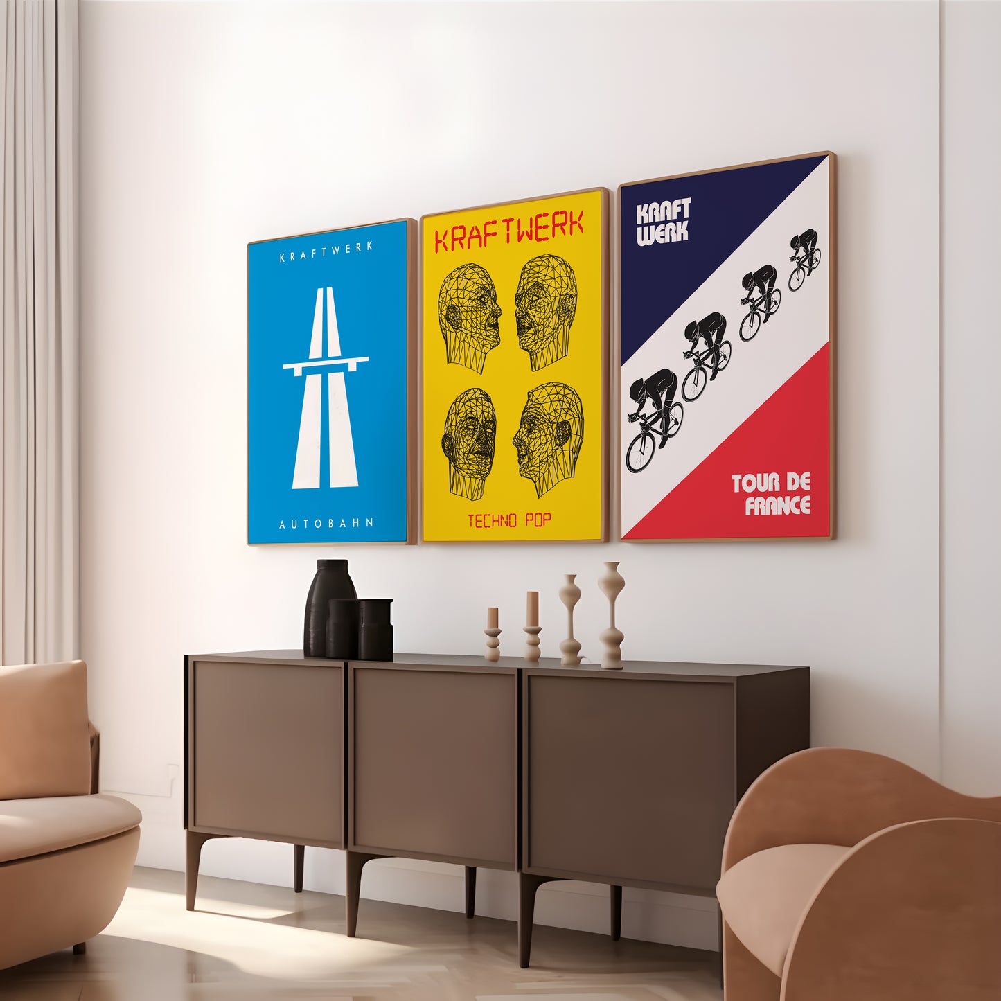 Kraftwerk wall art set with blue, yellow and tricolor graphics for home office decor