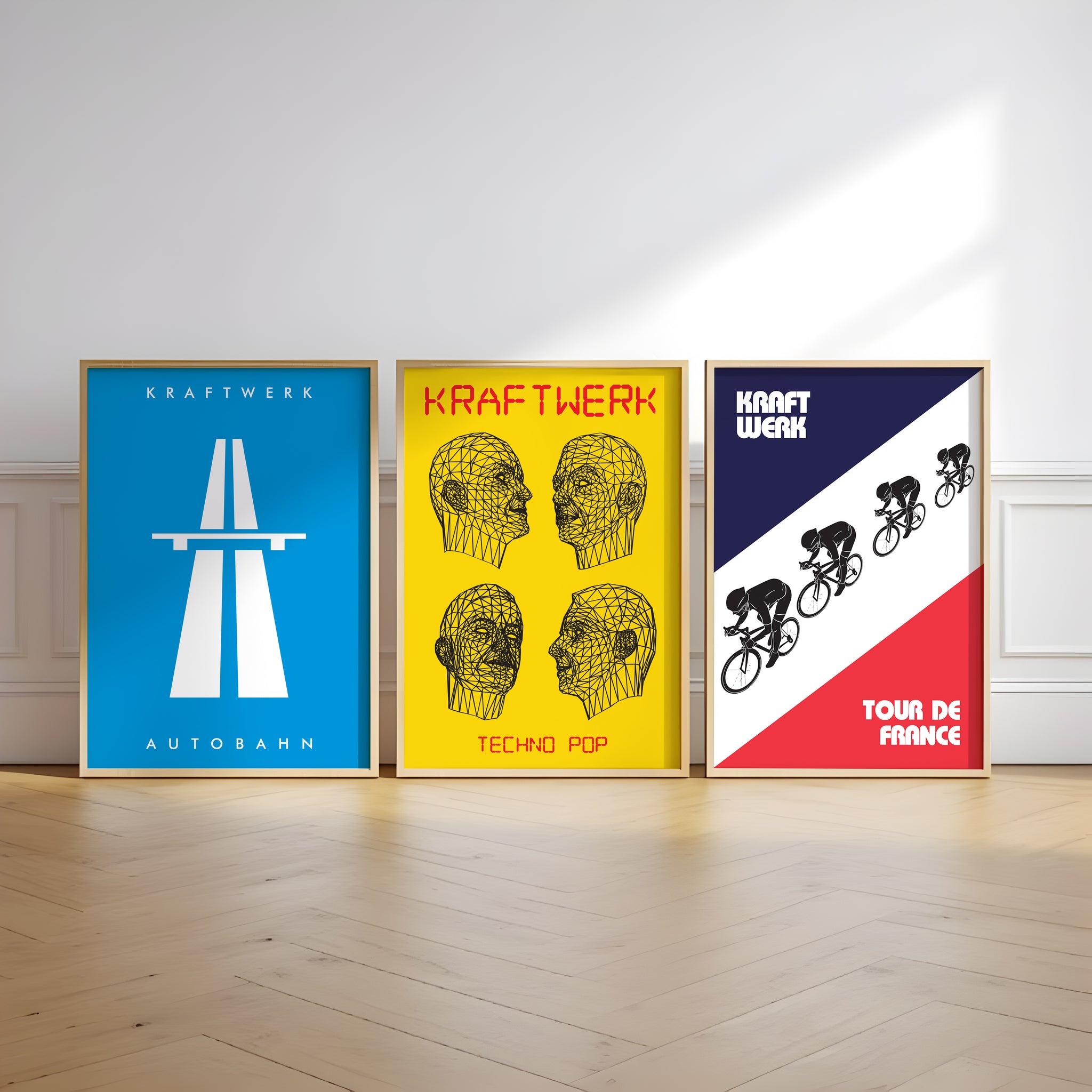 Kraftwerk poster set with Autobahn, Techno Pop and Tour de France designs for music room wall art