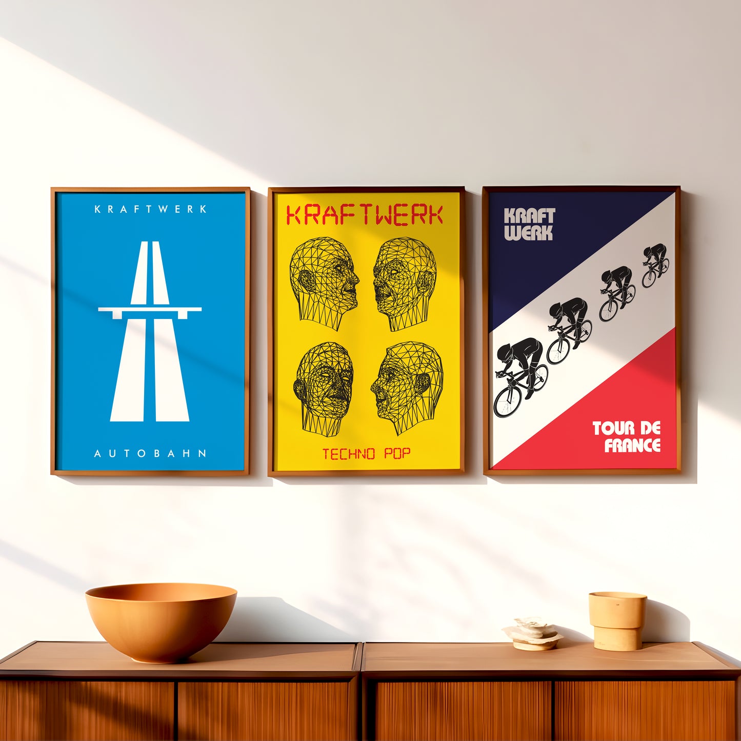 Kraftwerk poster set featuring Autobahn, Techno Pop and Tour de France for gallery wall decor