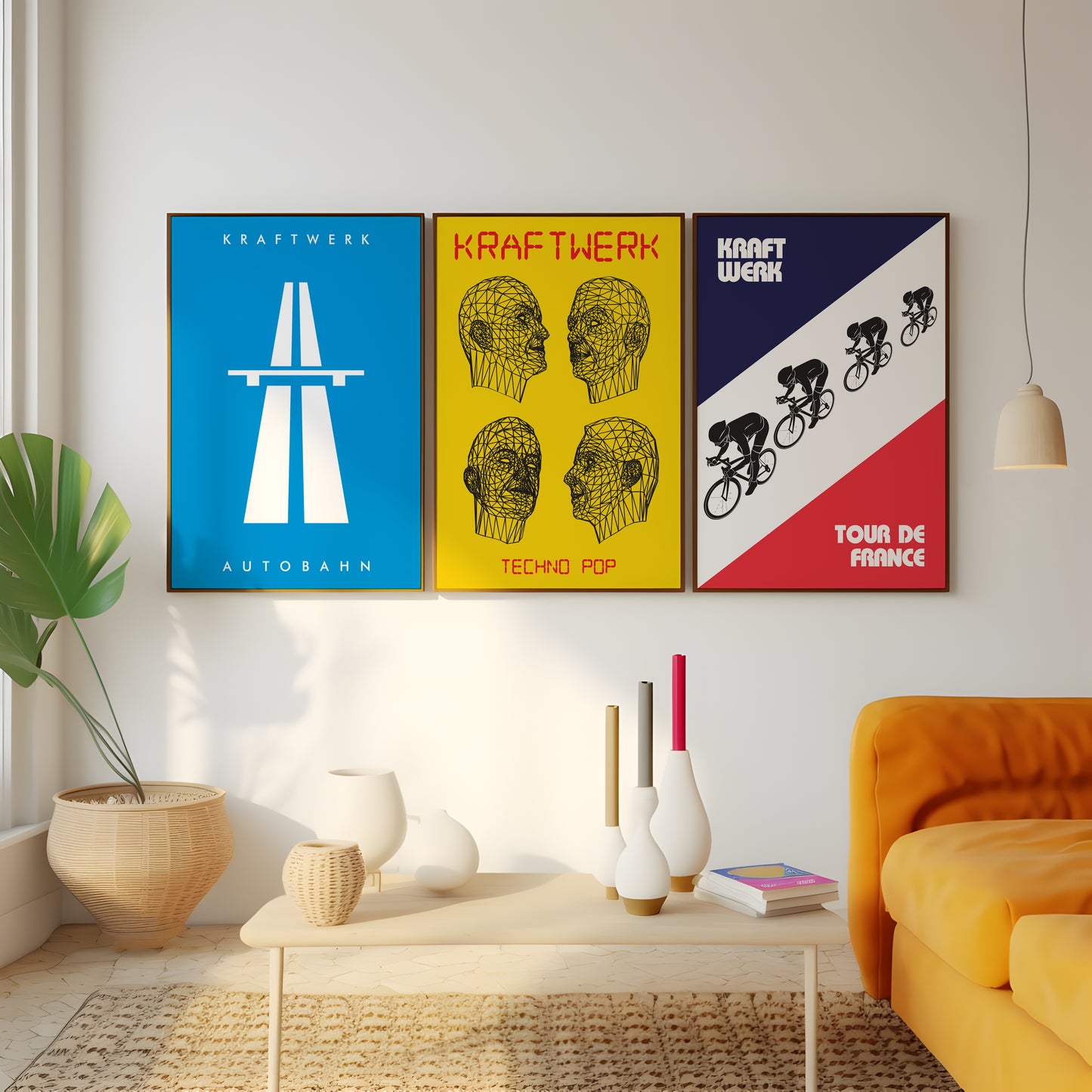Set of 3 Kraftwerk posters with bold retro electronic graphics for living room wall art