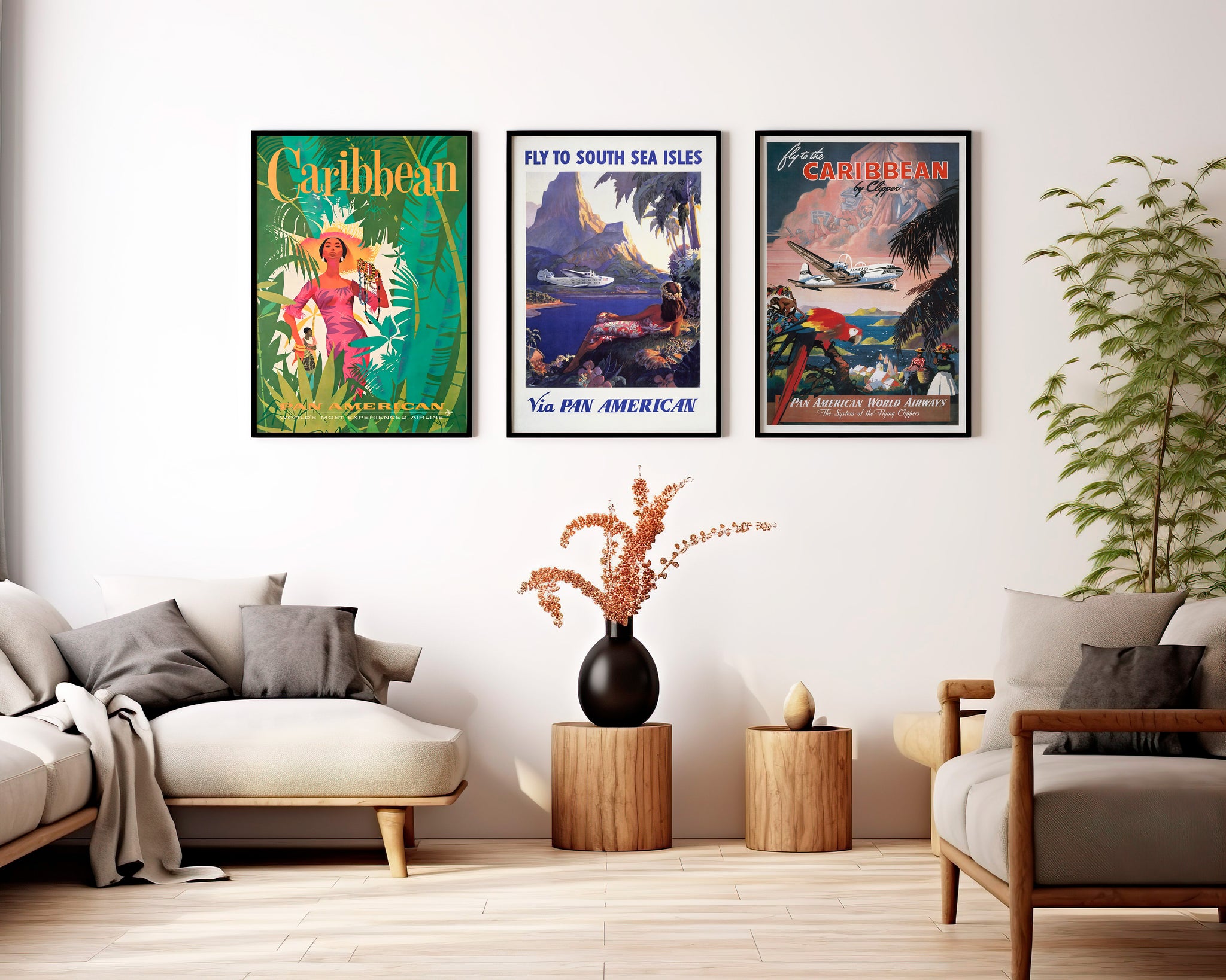 Pan Am Caribbean poster set with tropical airline travel artwork for a living room gallery wall