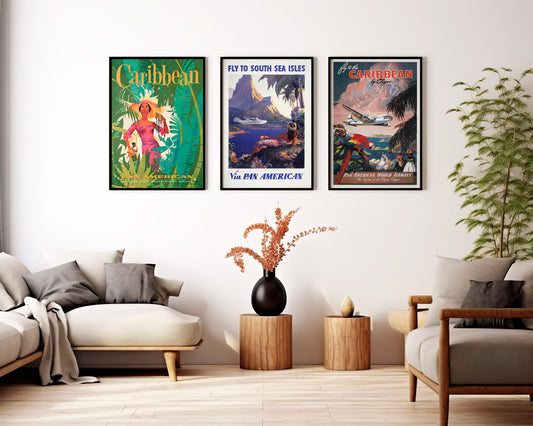 Pan Am Caribbean poster set with tropical airline travel artwork for a living room gallery wall