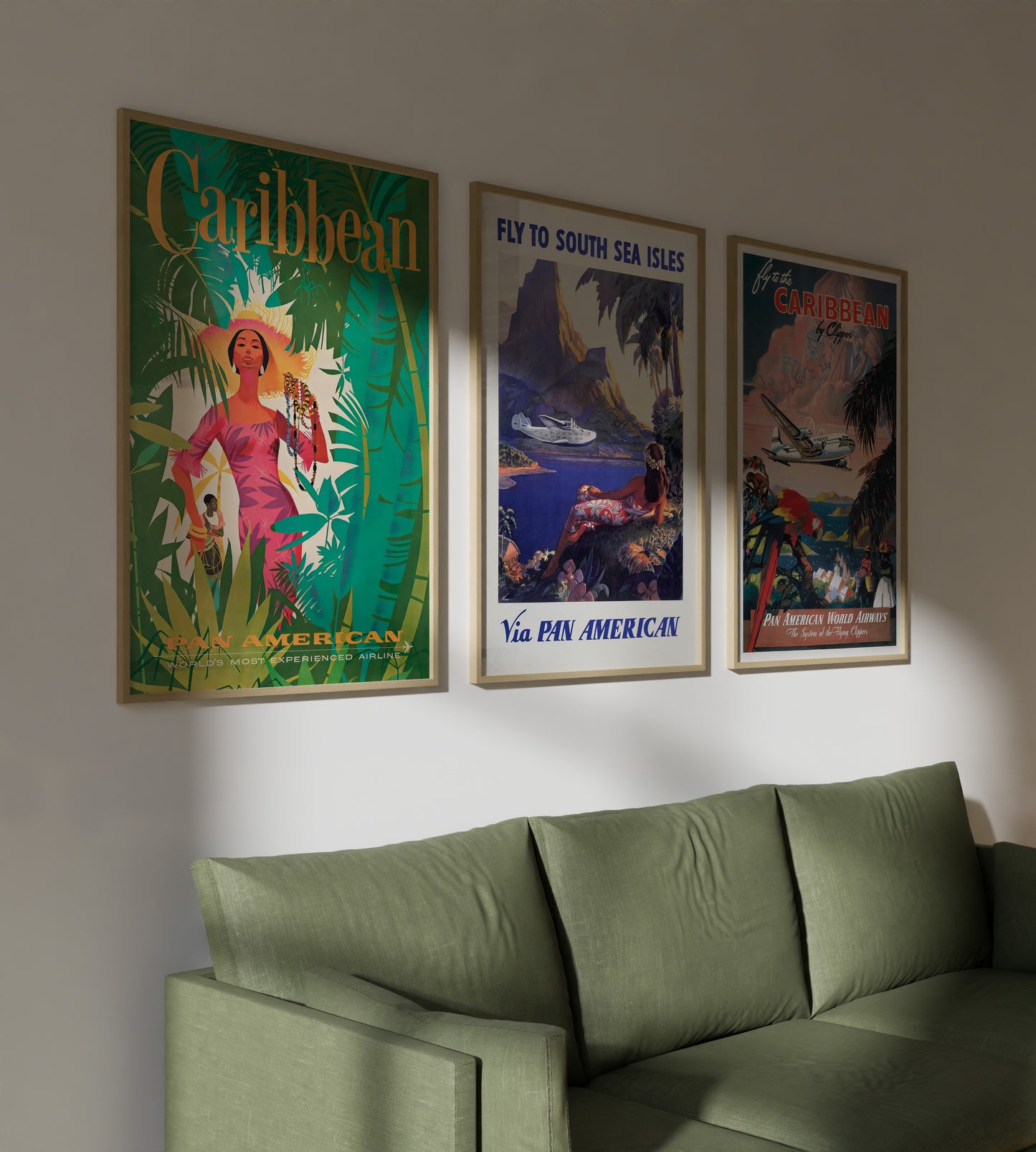 Pan Am travel poster set with Caribbean, South Sea Isles and Clipper artwork for living room wall art